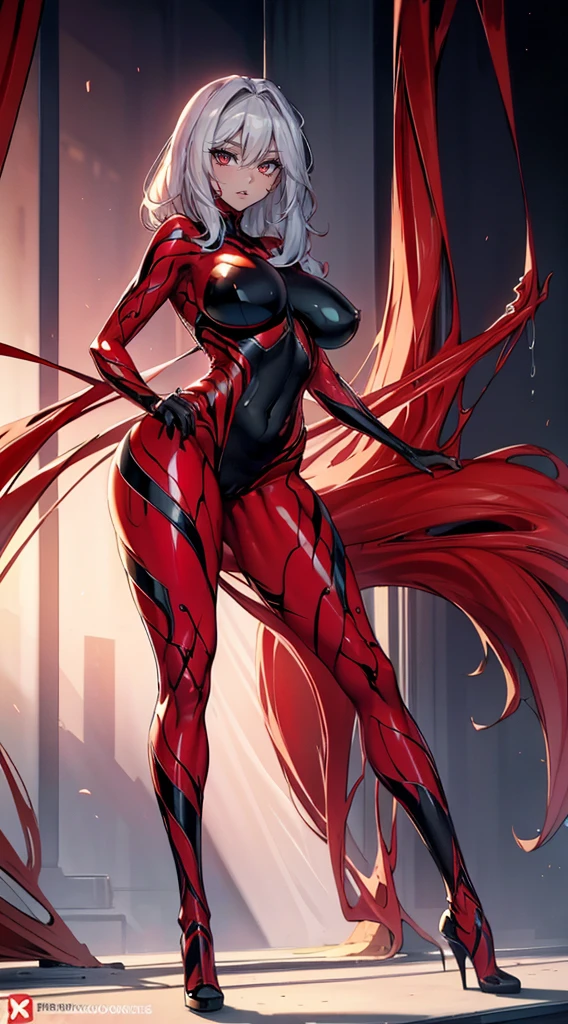 a beautiful  woman，（Fusion with the red and black symbiote：2.0），she is a spiderman，（The whole body is covered in red and black mucus：2.1），The perfect symbiote，（tight clothes：1.8），（Tall guy：1.8），（slender figures：1.4），（legs long：1.7），Hair to the shoulders，Short flowing hair，with short golden hair，（Delicate eyes：1.6），perfect body figure，voluptuous figure，Plump breasts，（：1.5），Plump buttocks，Slender legs，Well-proportioned legemale carnage：1.9），（Full body red tights：2.0），（Red symbiote tights：1.9）High heeled beauty，Perfect facial features，is a perfect face，delicated face，beautidful eyequisite Eyeinely quality eyes，dentes pontiagudos，Hands are very thin，perfect hand，（sharp talons：1.8），red - eyed，（standing on your feet：1.8），perfectquality，Perfect painting，Number of works，truly a masterpiece，Highest resolution，Just the right lighting，perfect  detail，Full body like，SVSC，Blood dripping