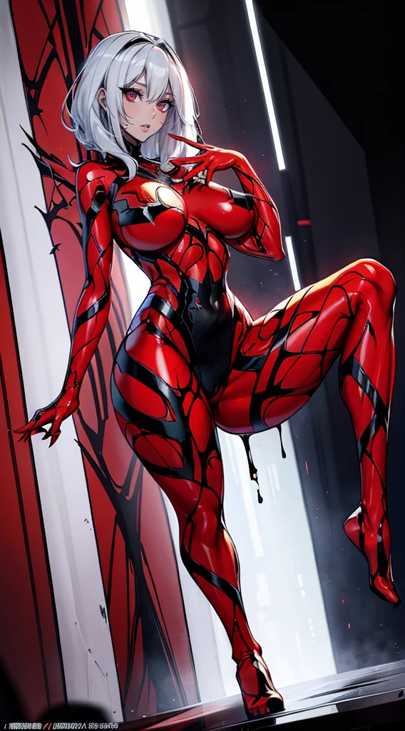 a beautiful  woman，（Fusion with the red and black symbiote：2.0），she is a spiderman，（The whole body is covered in red and black mucus：2.1），The perfect symbiote，（tight clothes：1.8），（Tall guy：1.8），（slender figures：1.4），（legs long：1.7），Hair to the shoulders，Short flowing hair，with short golden hair，（Delicate eyes：1.6），perfect body figure，voluptuous figure，Plump breasts，（：1.5），Plump buttocks，Slender legs，Well-proportioned legemale carnage：1.9），（Full body red tights：2.0），（Red symbiote tights：1.9）High heeled beauty，Perfect facial features，is a perfect face，delicated face，beautidful eyequisite Eyeinely quality eyes，dentes pontiagudos，Hands are very thin，perfect hand，（sharp talons：1.8），red - eyed，（standing on your feet：1.8），perfectquality，Perfect painting，Number of works，truly a masterpiece，Highest resolution，Just the right lighting，perfect  detail，Full body like，SVSC，Blood dripping