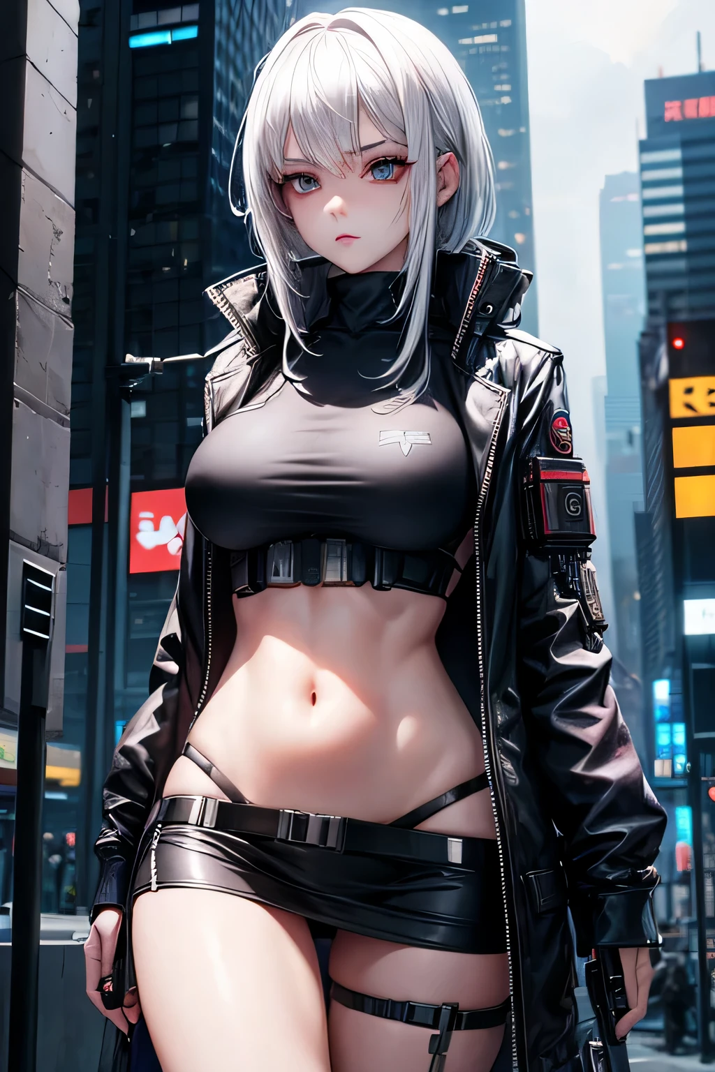 beautiful girl, cyberpunk style, white hair, ballistic vest, showing belly, navel