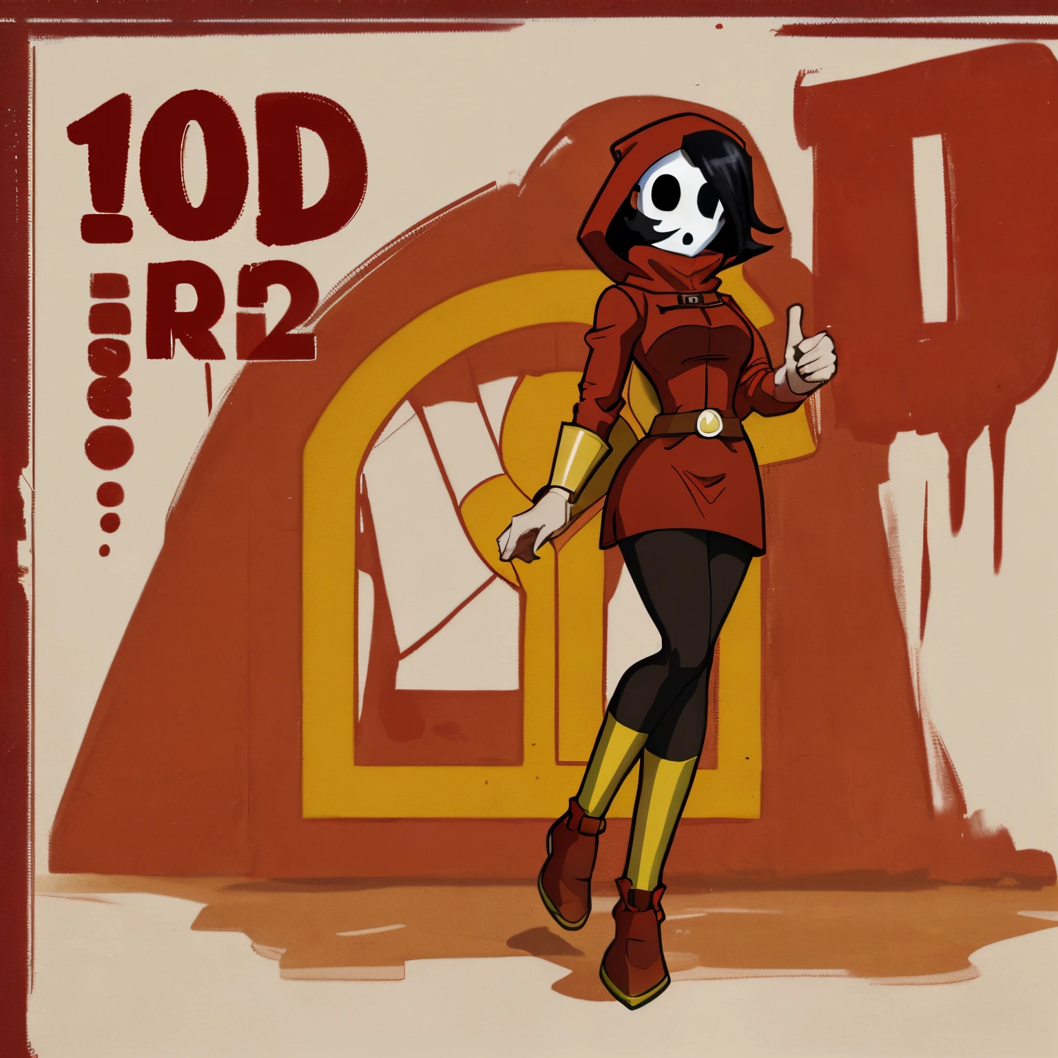 [shy gal], ((beautiful 2D art)), ((solo portrait)), ((full body)), ((front view)), ((High quality)), ((anime)), ((detailed shading)), ((intricate details)), {(shy guy), (woman body), (shy guy mask), black hair, Kale styled hair, beautiful legs, (curvaceous hips)}, {(solid dark red cloth dress), (short dark red pencil skirt), dark red hood, brown belts, (white over-knee socks), (dark red and gold heel boots), (dark red shoes)}, {(standing)} [Background; (desert), (sunny), (oasis)]