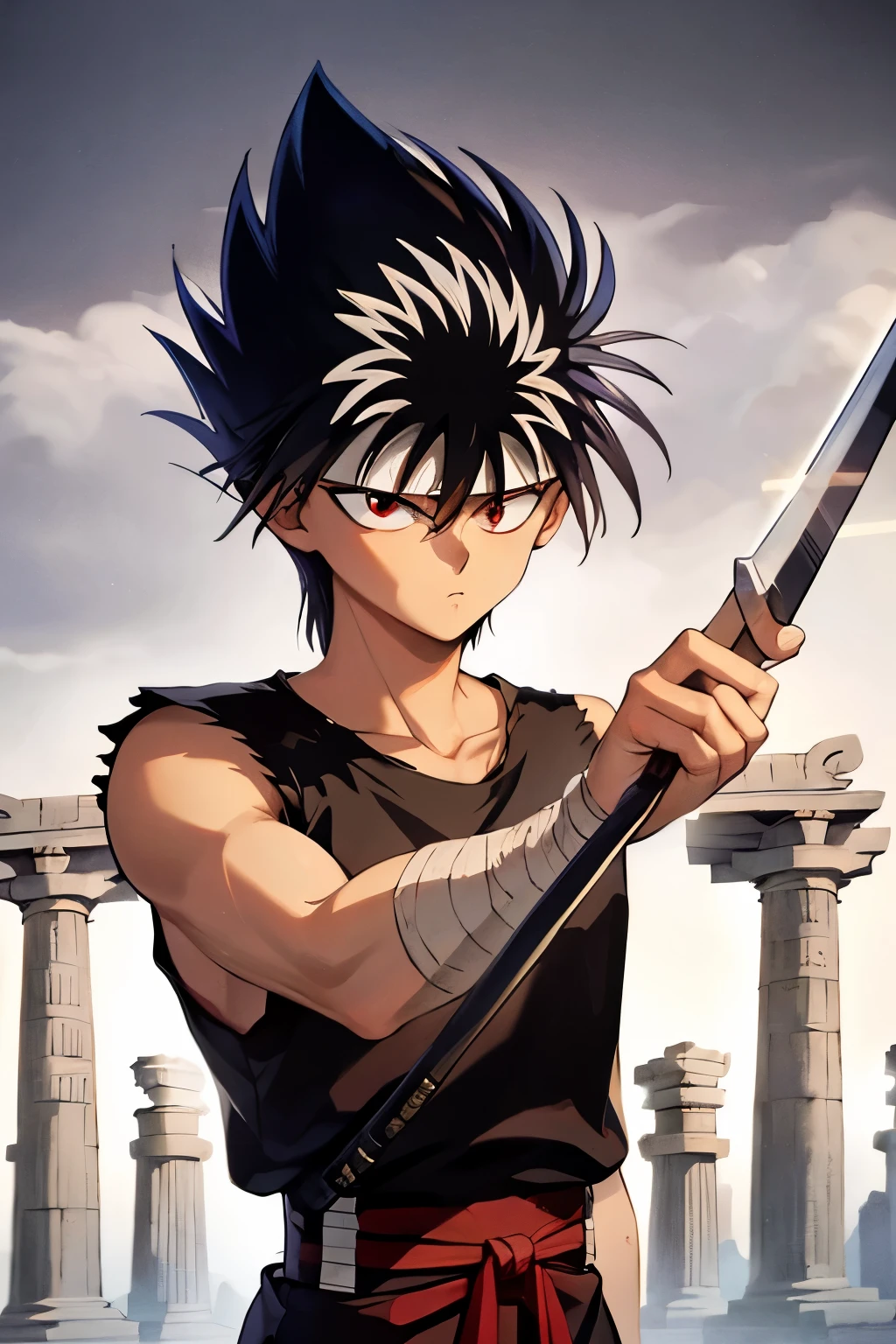 masterpiece, best quality, 1boy, hiei, black hair, white hair, spiked hair, red eyes, headband, bandages, upper body, sleeveless, torn clothes, solo, katana sword , ((ancient temple background)),