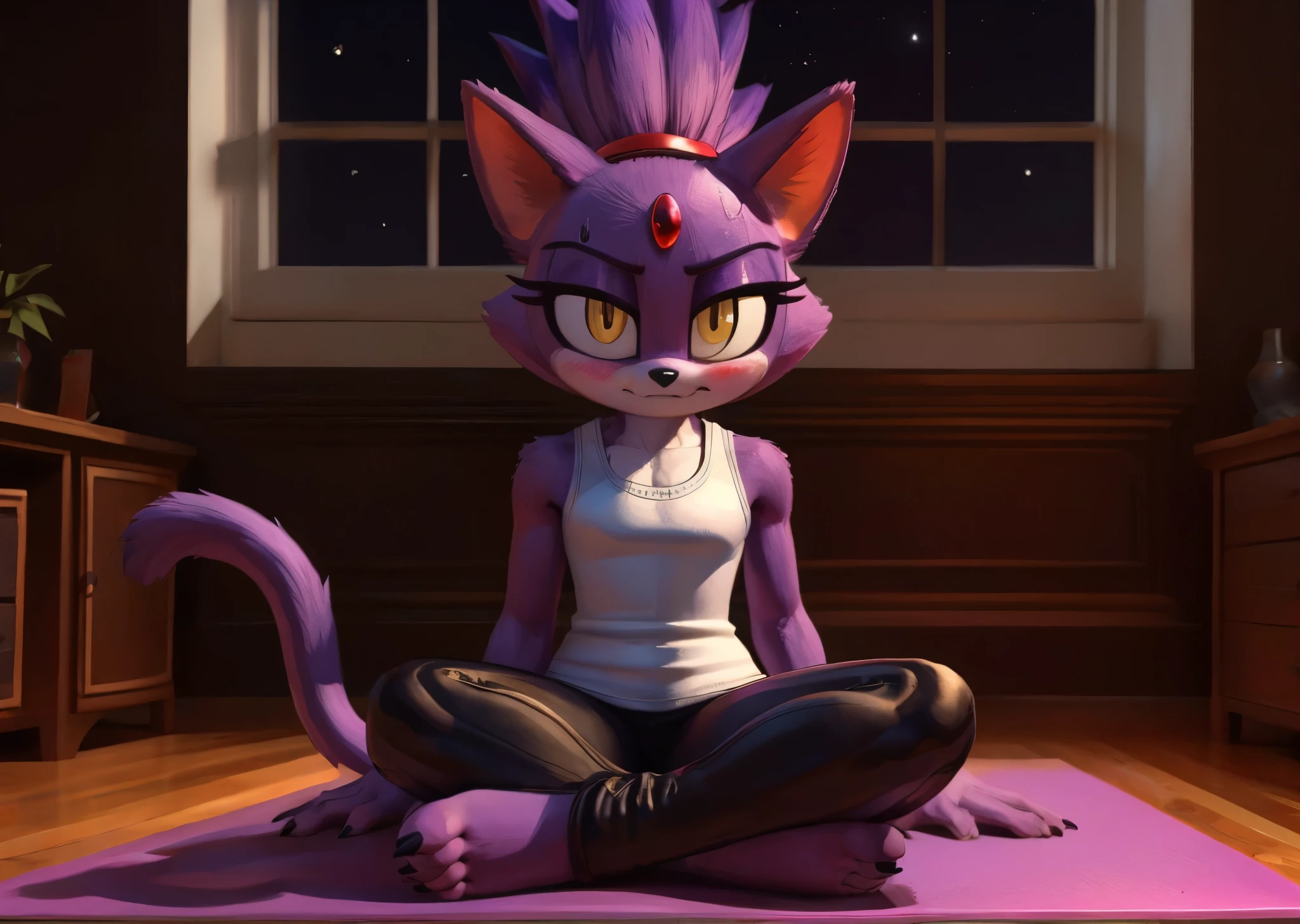 [Blaze the cat], [Uploaded to e621.net; (Pixelsketcher), (wamudraws), (napalm_express)], ((masterpiece)), ((HD)), ((High res)), ((furry)), ((solo portrait)), ((front view)), ((full body)), ((feet visible)), ((detailed fur)), ((detailed shading)), ((cel shading)), ((beautiful render art)), ((intricate details)), {anthro, purple fur, black nose, cat ears, (cute yellow eyes), (red gem on forehead), long tail, (spiky hair), (sharp black claws), (curvy hips), (beautiful legs), (beautiful feet), (sweat on forehead), (blushing), (nervous smirk)}, {(tight white yoga bodysuit), (white tank top), (tight white yoga pants)}, {(sitting on floor), (on yoga mat), (hands in lap), (crossed legs), (legs spread open), (looking at viewer)}, [background; (living room), (fireplace), (window), (nighttime), (starry sky), (ambient lighting)]