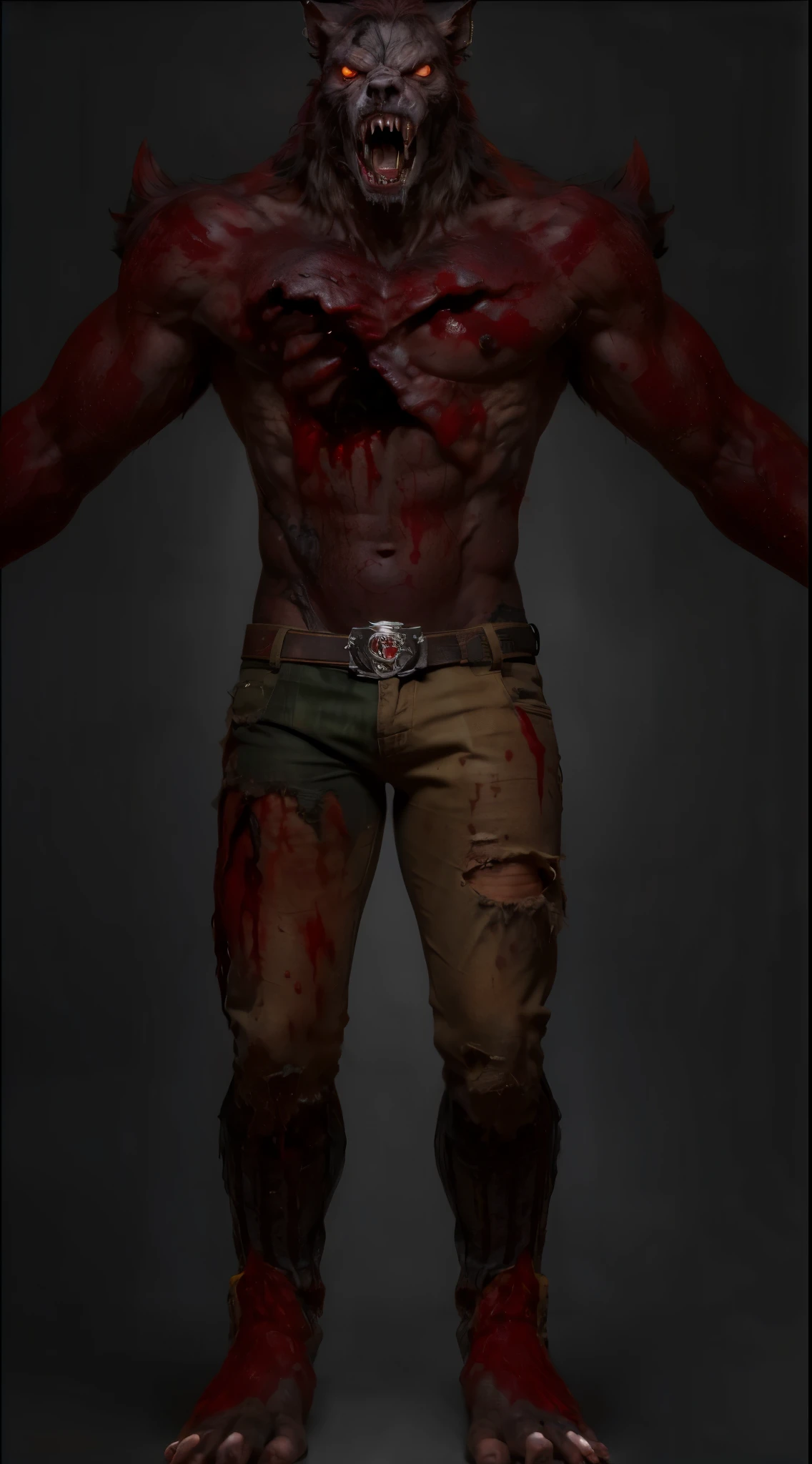 (masterpiece),(best quality:1.0),(ultra high resolution:1.0),monster, werewolf, zombie wolf, zombie ,red hair on the body , torn pants, red eyes, blood in the body, menacing look, fangs, wolfteam, face focus, 8k wallpaper, full body