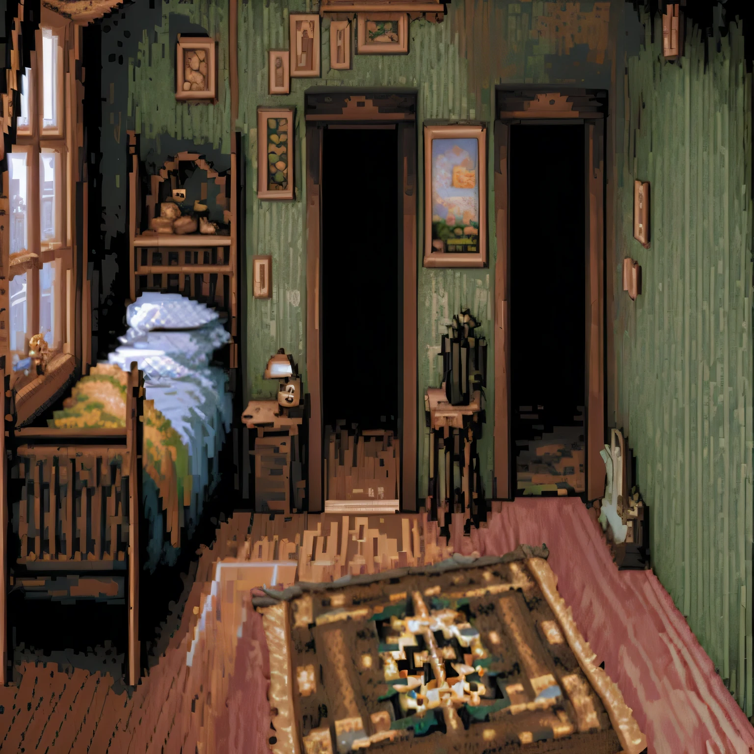 there is a room with a bed, a rug, and a window, detailed pixel artwork, beautiful detailed pixel art, detailed pixel art, 1991 video game screenshot, 1993 video game screenshot, /r/pixelart, pixelart, 1994 video game screenshot, interior gameplay screenshot, 1990 video game screenshot, pixel artwork