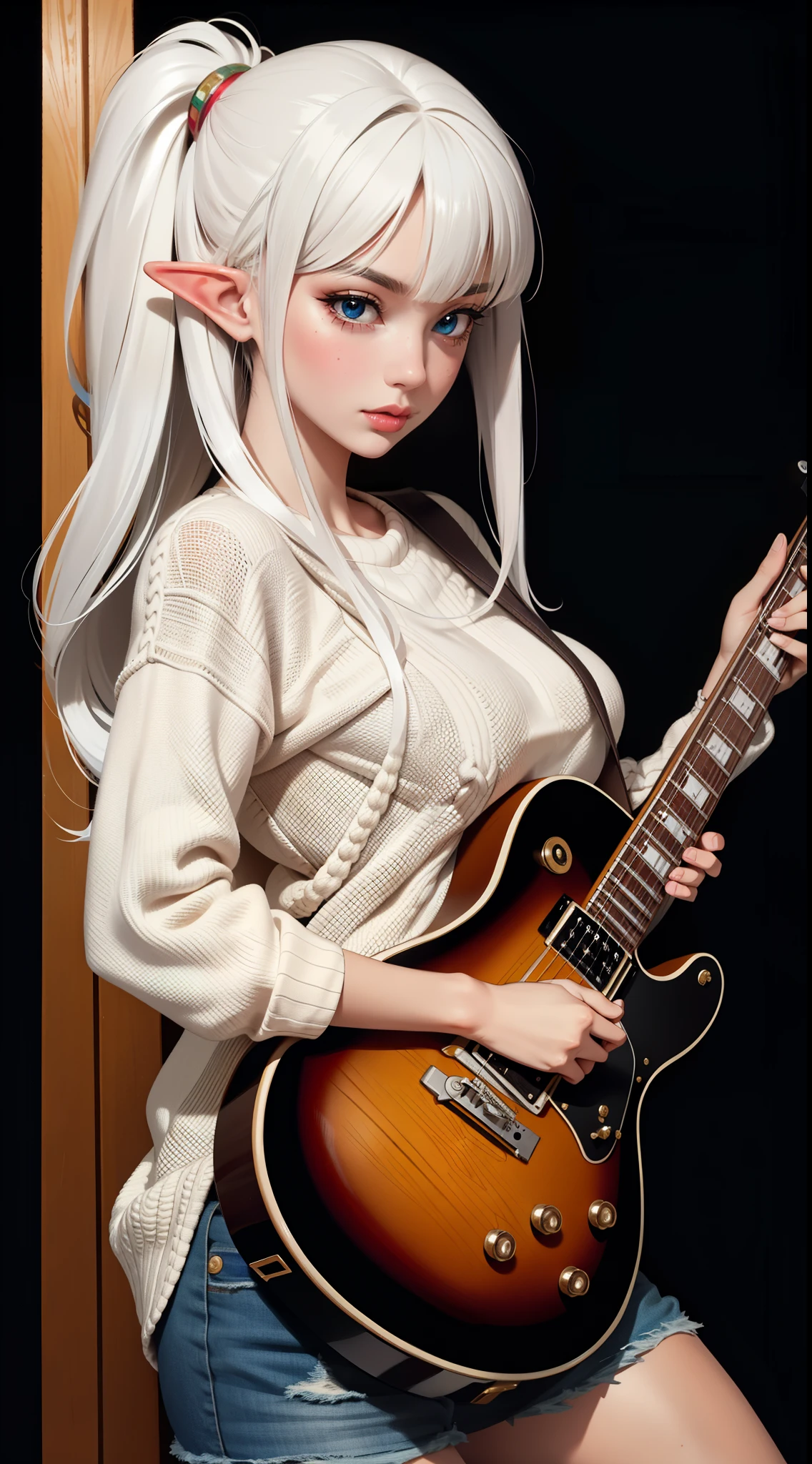 ((masterpiece, best quality)), official art, unity 8k wallpaper, ultra detailed, an elf woman, with a ((guitar)) in her hands and a joy in her eyes, BREAK, highly detailed of (elf), (1girl), solo, big breast, perfect face, details eye, Blunt bangs, (hair between eye), white hair, blue eyes, eyelashes, eyeshadow, pink eyeshadow, in the style art by Artgerm, by Kawacy, by Yoshitaka Amano, BREAK, flat jumper, knitwear, knitwear design, knitted sweater, cables, cables composition, fishermans rib, woolen material, bright orange
