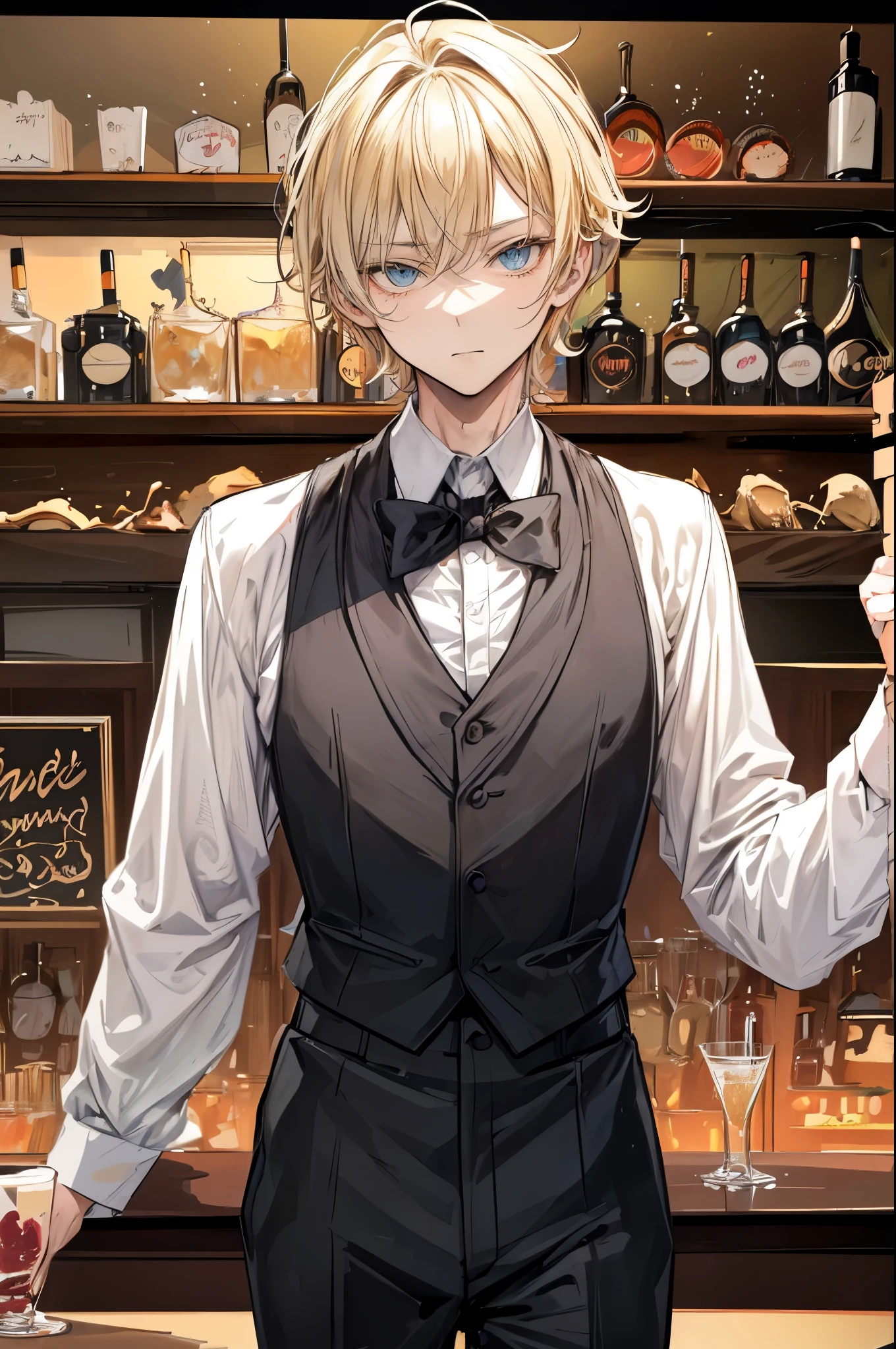 (flat color:1.1),(masterpiece:1.2), best quality, masterpiece, original,short neat blonde and boyish hair, (mature, handsome man looking at the camera at a bar:1.2), wearing a formal casual outfit, bartender