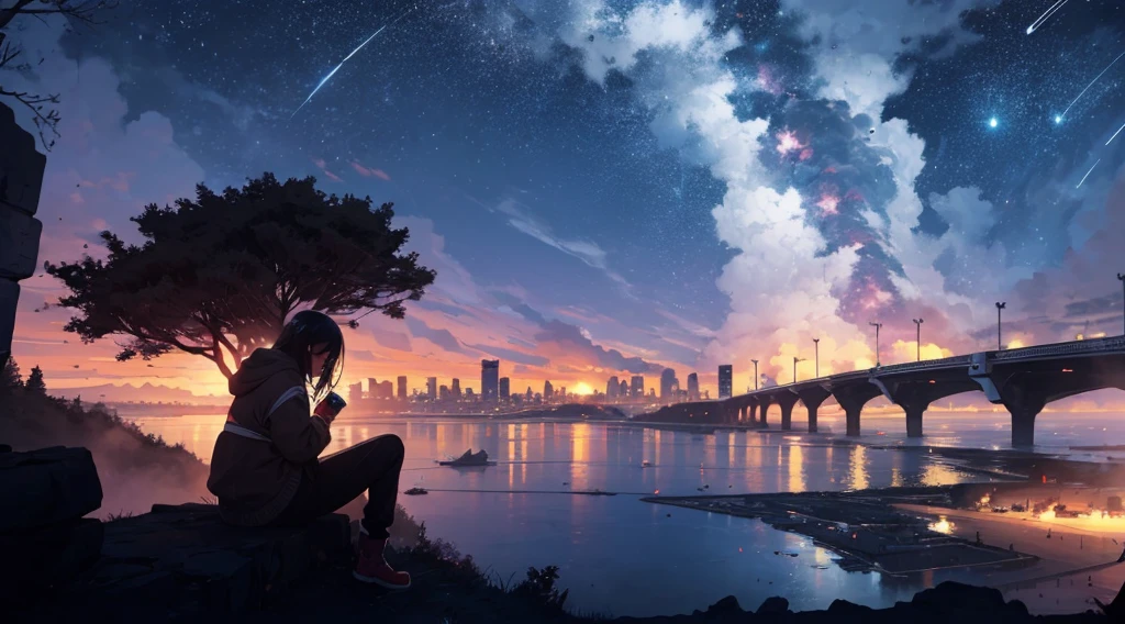 octans, sky, star (sky), scenery, starry sky, night, 1girl, night sky, solo, outdoors, building, cloud, milky way, sitting, tree, long hair, city, silhouette, cityscape