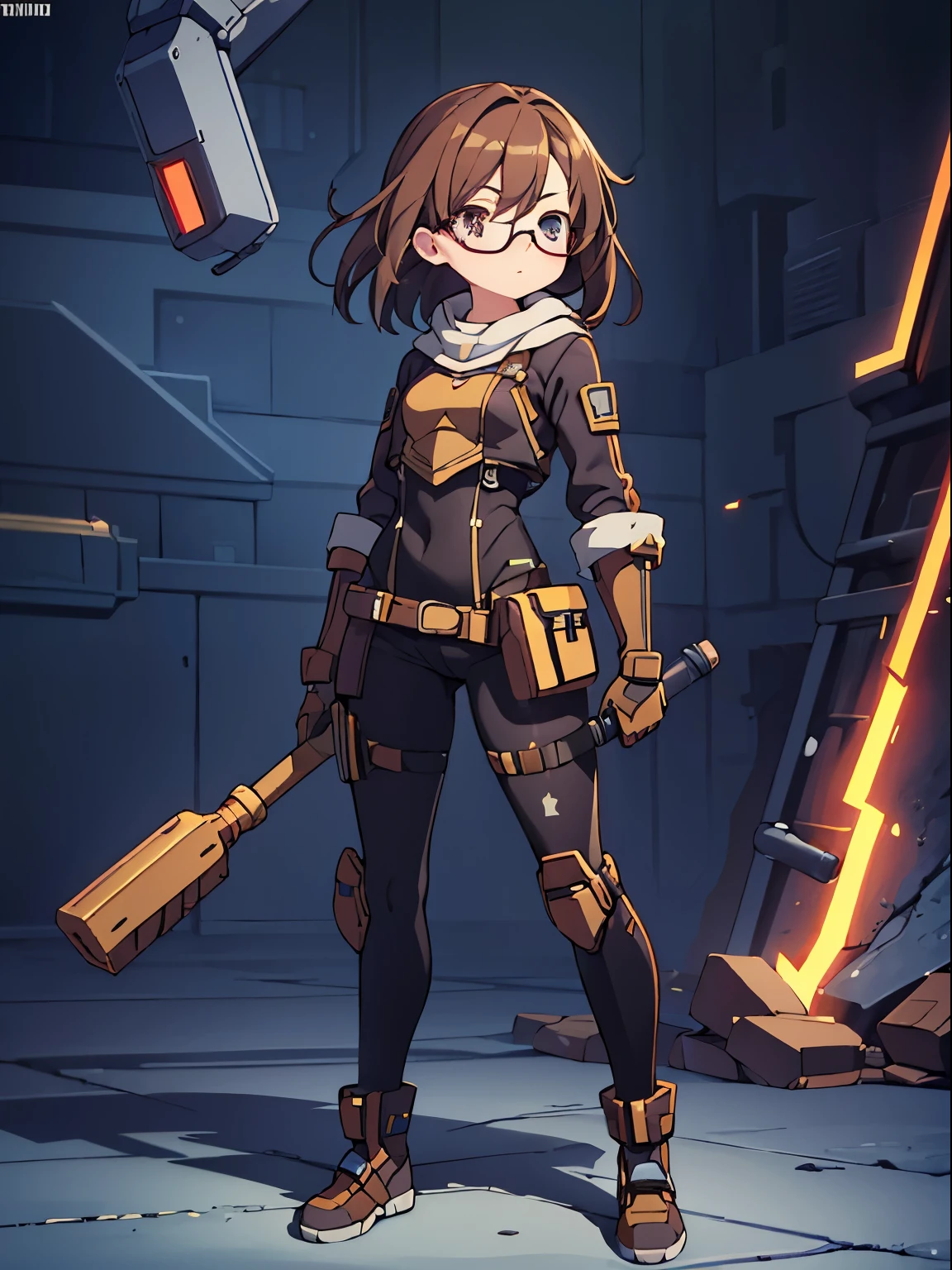 "I want a depiction of a girl with brown hair, glasses, short clothing, and robot gloves, holding a hammer. Additionally, I'd like the image to include multiple positions of her face in the same picture full body standing"