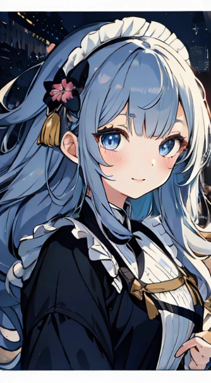 Animated,Girl (1little girl),(Beautiful eyes,Mesmerizing eyes,odd eye),(くりくりしたThe eye),(beautiful lips,Seductive mouth,crisp nose),maid clothes,かわいいmaid clothes,A three-dimensional face,dazzling smile,Natural look,sharp outline),描かれたThe eye,Rich facial expressions and emotions,a smile,twinkling,Hair dancing in the soft breeze,beautiful proportion,has blue hair,skillfully drawn eyelashes,long eyelashes eyelashes),Many small eyelashes in the corner of the eye,Transparent lips,Softness and color in the lips,Soft smile,Shining mouth,A faint sense of humanity,思いやりのあるa smile,Excellent facial expression),1little girl,Beautiful contours and bone structure,Expressive depiction of eyes),,Attention to detail,Background with(Glittering downtown),deep in the night,rain is falling,,Very long hair,,,,,Photos taken by a professional photographer,Beautiful lights and shadows),color,The eye(赤と青のodd eye),赤と青のodd eye,,,ankle-length hair,,Arty sharp colors),natural soft light,柔らかなnatural soft lightの表現,Animated