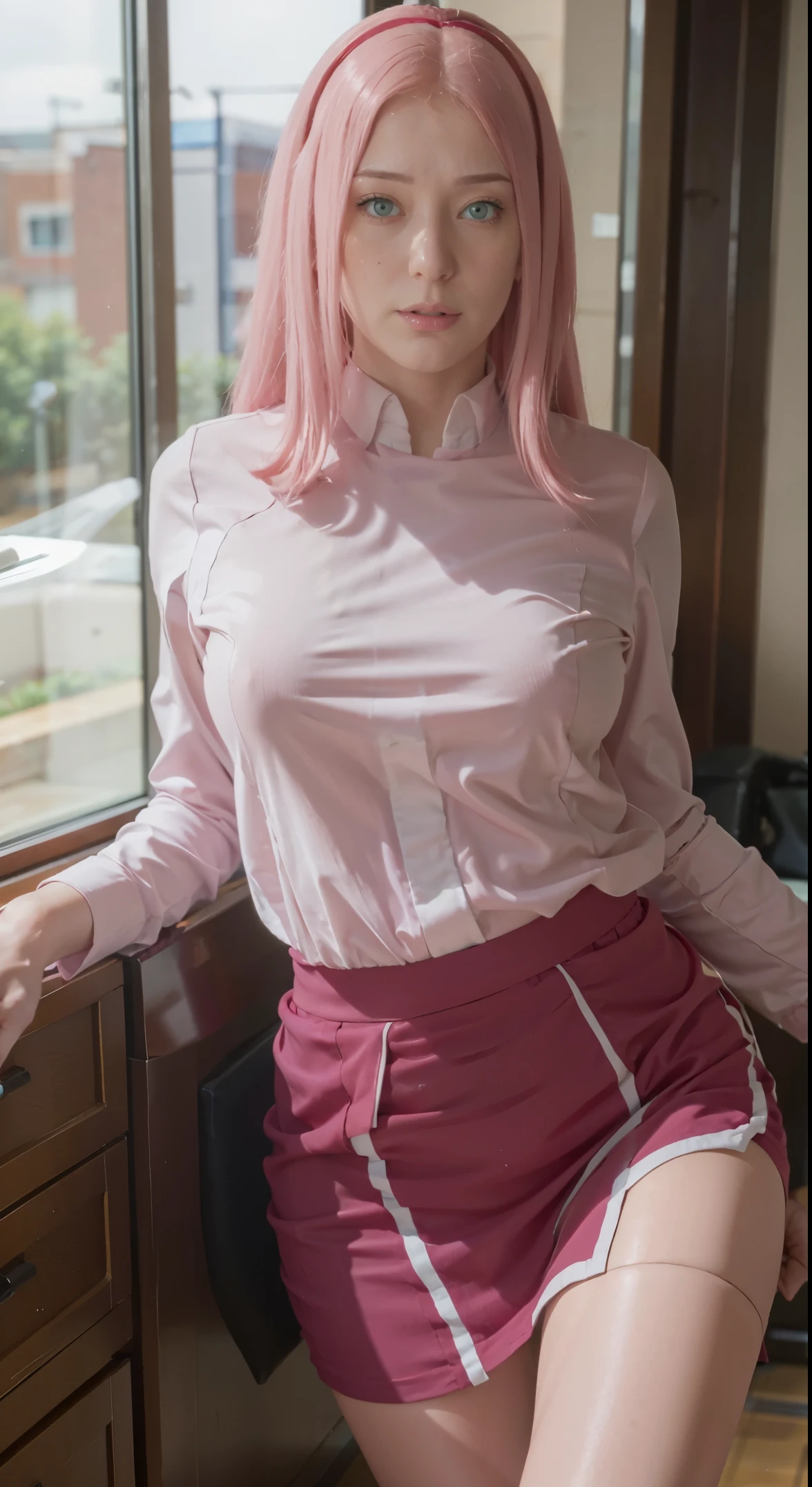 Photorealistic, high resolution, 1 Women, Solo, Hips up, view the viewer, (Detailed face), pink long hair, Long hair, Secretary uniform, short tight skirt , plain formal shirt.