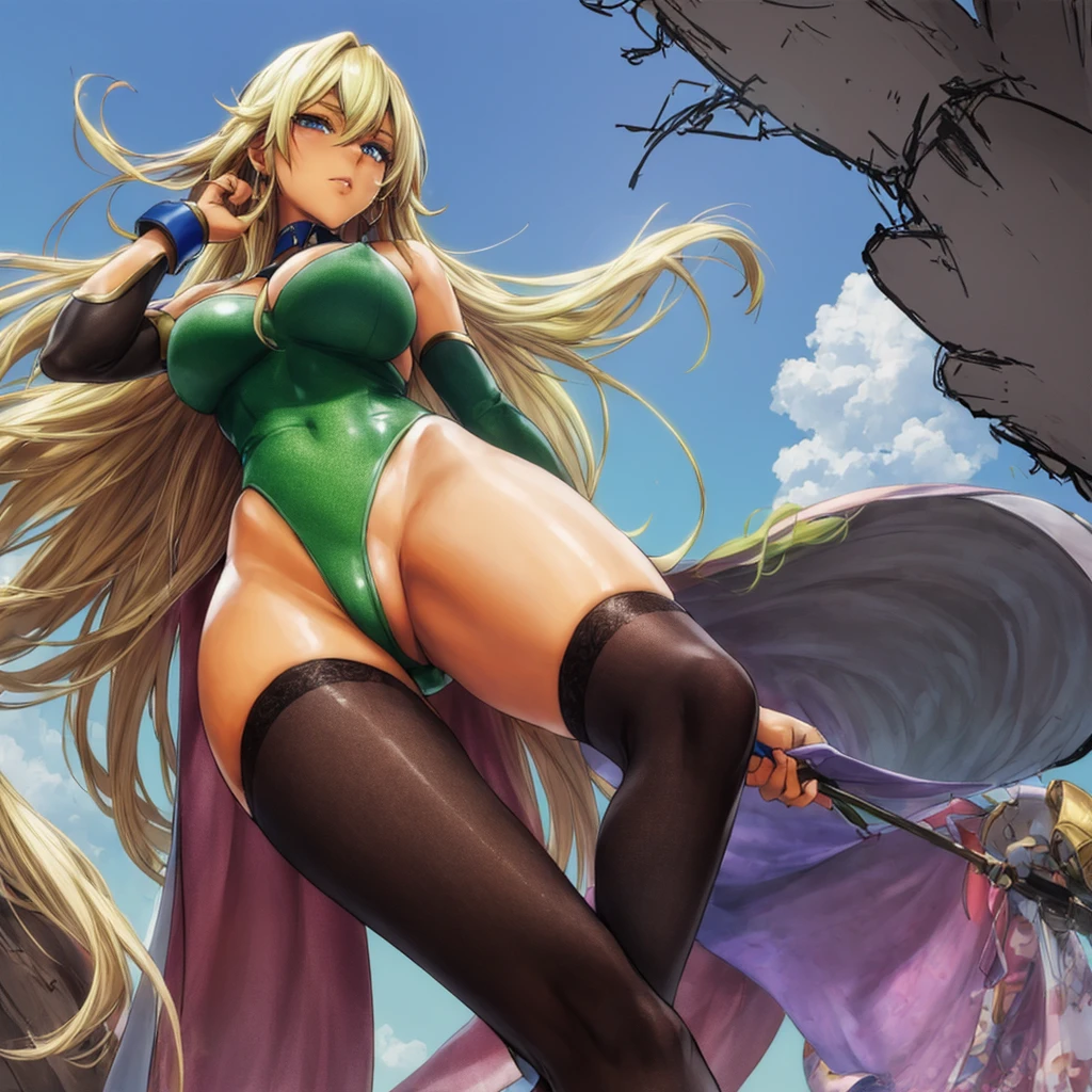 A beautiful woman with long hair, big breasts, beautiful legs, and a sharp face is standing blushing in a green high-leg leotard.。