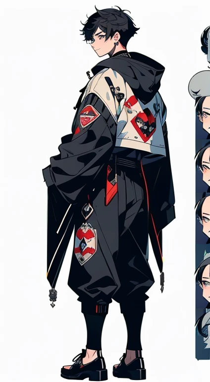 Character Sheet, a handsomeなmale people. Perfect face, grey  eyes.male people、 CharacterDesignSheet，full body Esbian, full of details, Front view of the body, Body Back View, full body Esbianボディー, Front and back view,Hydrovision., ((masutepiece, Highest Quality)), Detailed face, CharacterDesignSheet，（three views from front, Back and sides）、(absurderes、hight resolution、ultra-detailliert、nffsw)、​masterpiece、top-quality、1boy、独奏、a handsome、Dark hair、finely eye and detailed face、brow、Big Food、(white short pants)、espadrilles、ear piecing、Looking up from above,Wearing a hood、