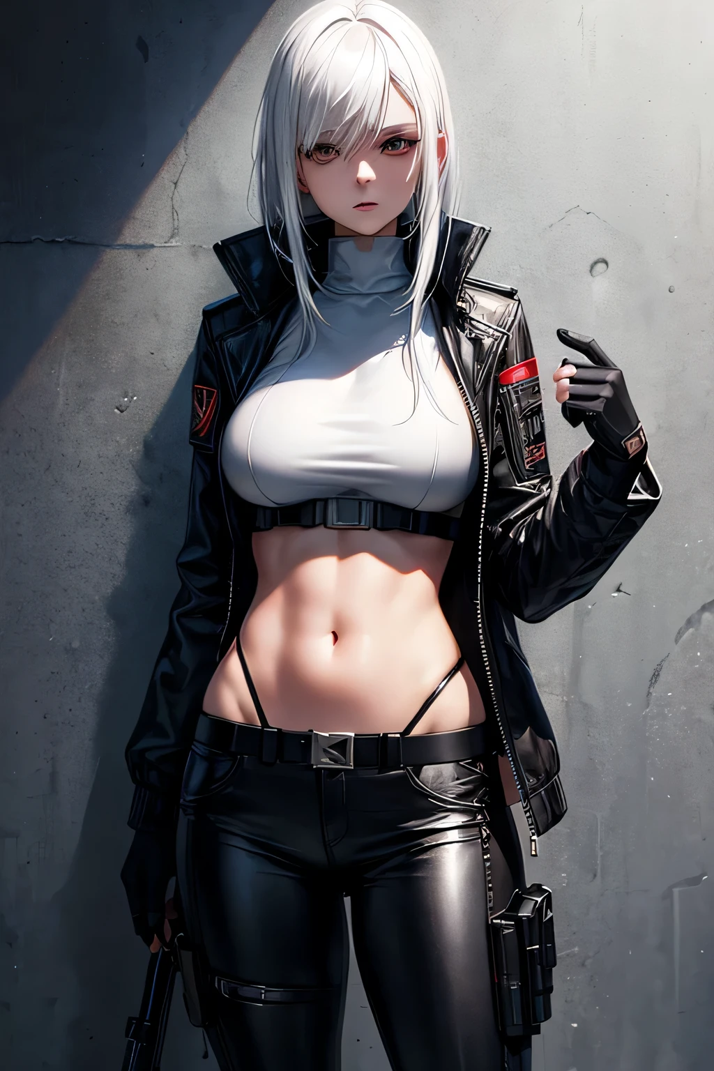 beautiful girl, cyberpunk spy style, white hair, ballistic vest, showing belly, navel, leather pants, grafitti wall