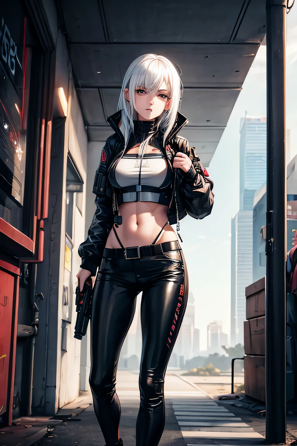 beautiful girl, cyberpunk spy style, white hair, ballistic vest, showing belly, navel, leather pants, grafitti wall