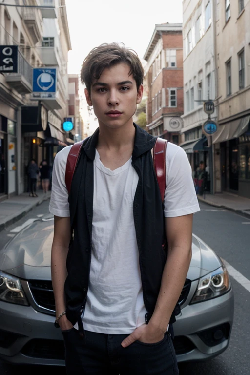 A boy with a car drink red vine street futuris tic background realistic