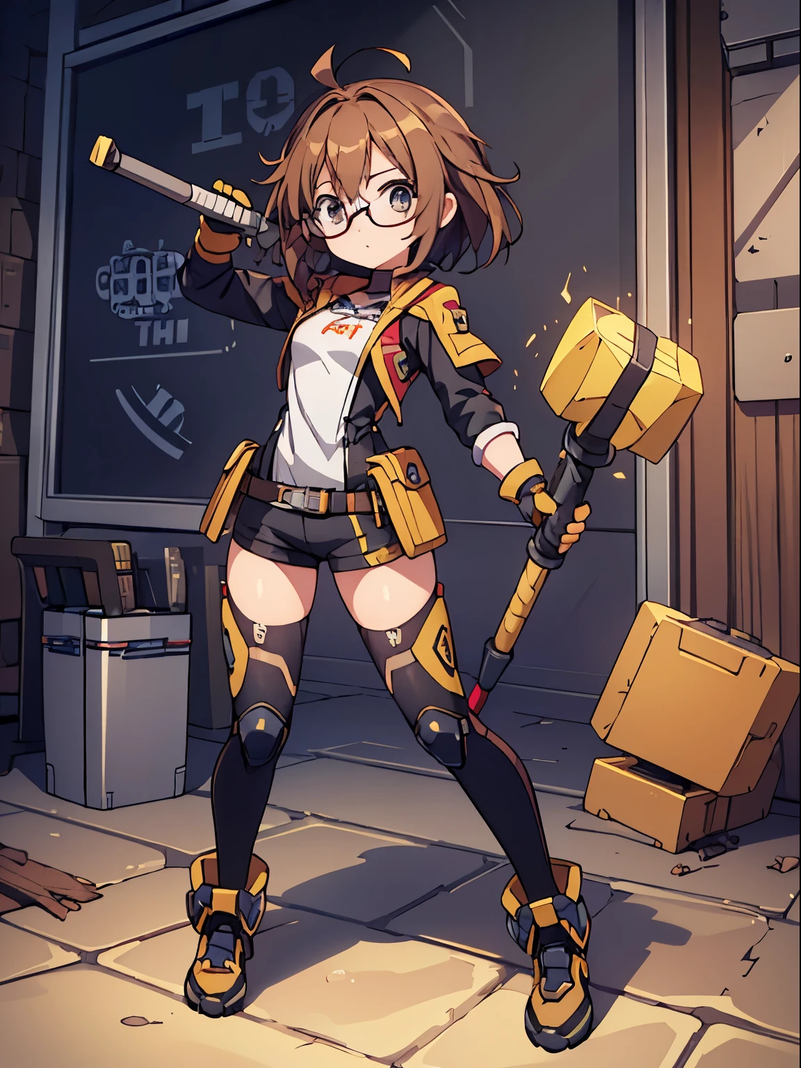 "I want a depiction of a girl with brown hair, glasses, short clothing, and robot gloves, holding a hammer. Additionally, I'd like the image to include multiple positions of her face in the same picture full body standing"