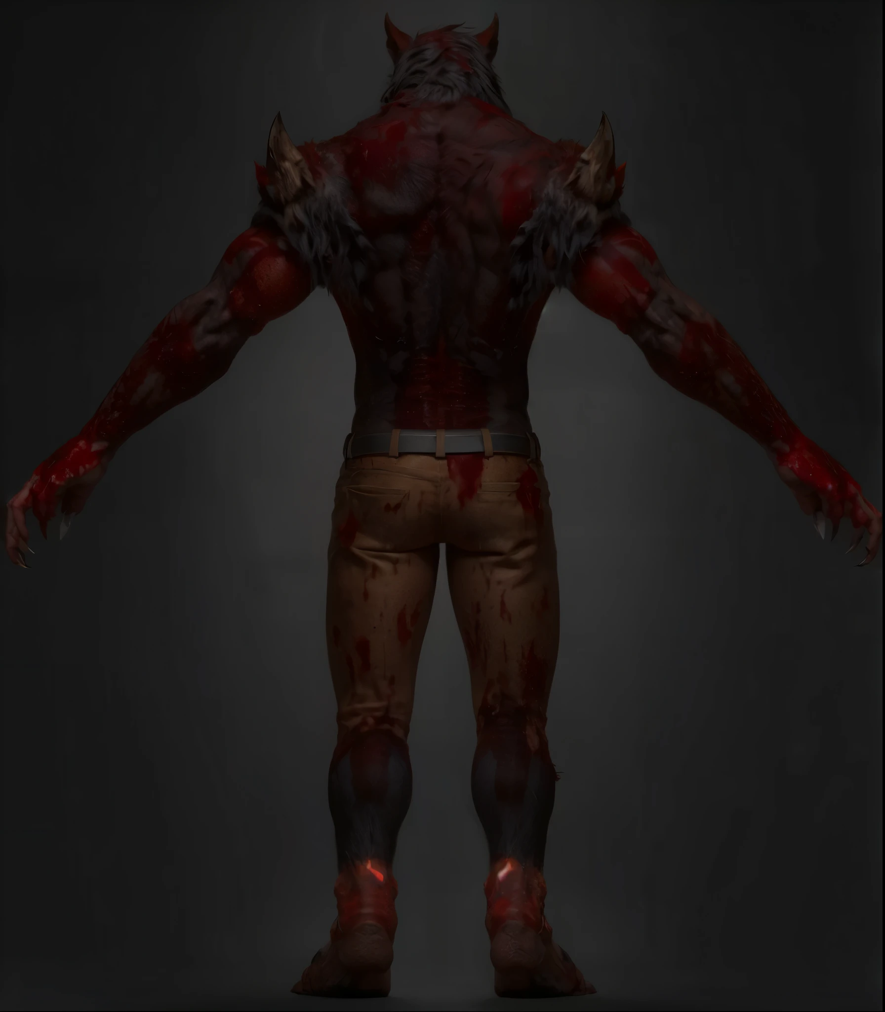 (masterpiece),(best quality:1.0),(ultra high resolution:1.0),monster, werewolf, zombie wolf, zombie , back, red hair on the body , torn pants, red eyes, blood in the body, menacing look,claws, fangs, wolfteam, 8k wallpaper, full body