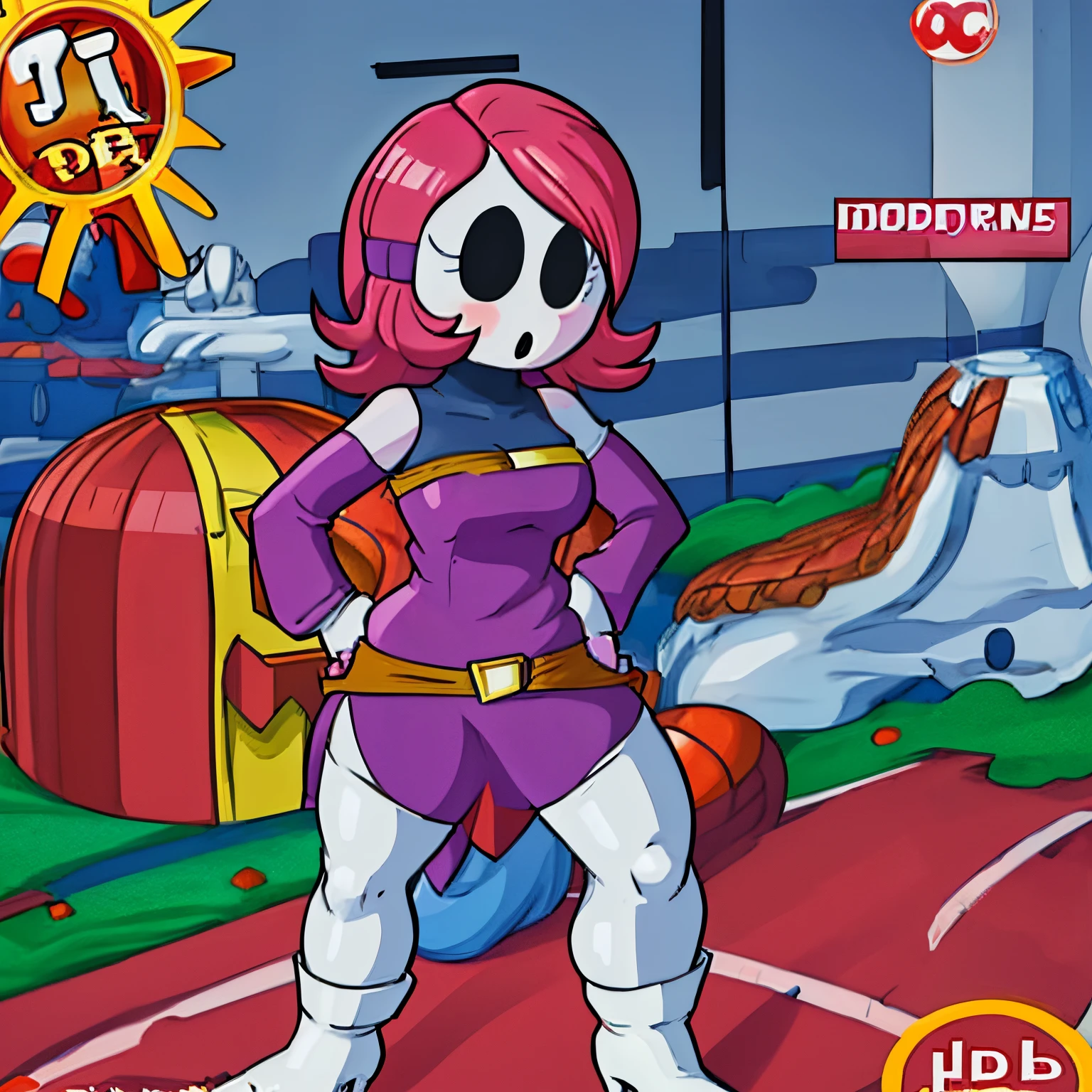 [shy gal], ((beautiful 2D art)), ((solo portrait)), ((full body)), ((front view)), ((High quality)), ((anime)), ((detailed shading)), ((intricate details)), {(shy guy), (woman body), (shy guy mask), pinkish red hair, supreme kai of time styled hair, beautiful legs, short in height, (curvaceous hips)}, {(solid magenta cloth dress), (short magenta pencil skirt), magenta hood, brown belts, (white over-knee socks), (white heel boots), (white shoes)}, {(standing)} [Background; (field), (sunny), (trees), (sun rays through trees)]