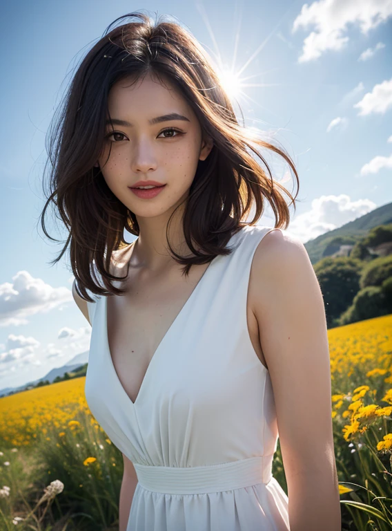 (master quality:1.4)  , (realistic  detail:1.3) ,
, freckles , follicles , Details of hair on the skin , natural  skin detail , (  woman in a flowing dress walking through a field of clouds. The woman is wearing a white dress, and she is surrounded by puffy white clouds. The sun is shining through the clouds, and the woman is smiling. The overall tone of the painting is light and airy:1.3), (rim lighting:1.2)
, korean hair styles ,  red hair , korean makeup ,
gorgeously sliming ,  (Chest-strap lewd-suit :1.34)  , (lewd thin-uniform:1.2)  , (glance lewd:1.2) , (shiny lips:1.3) , (awesome rim-light  :1.3) ,(outdoor therapy:1.3) 
,full body lewd pose, (lewd model:1.2) ,