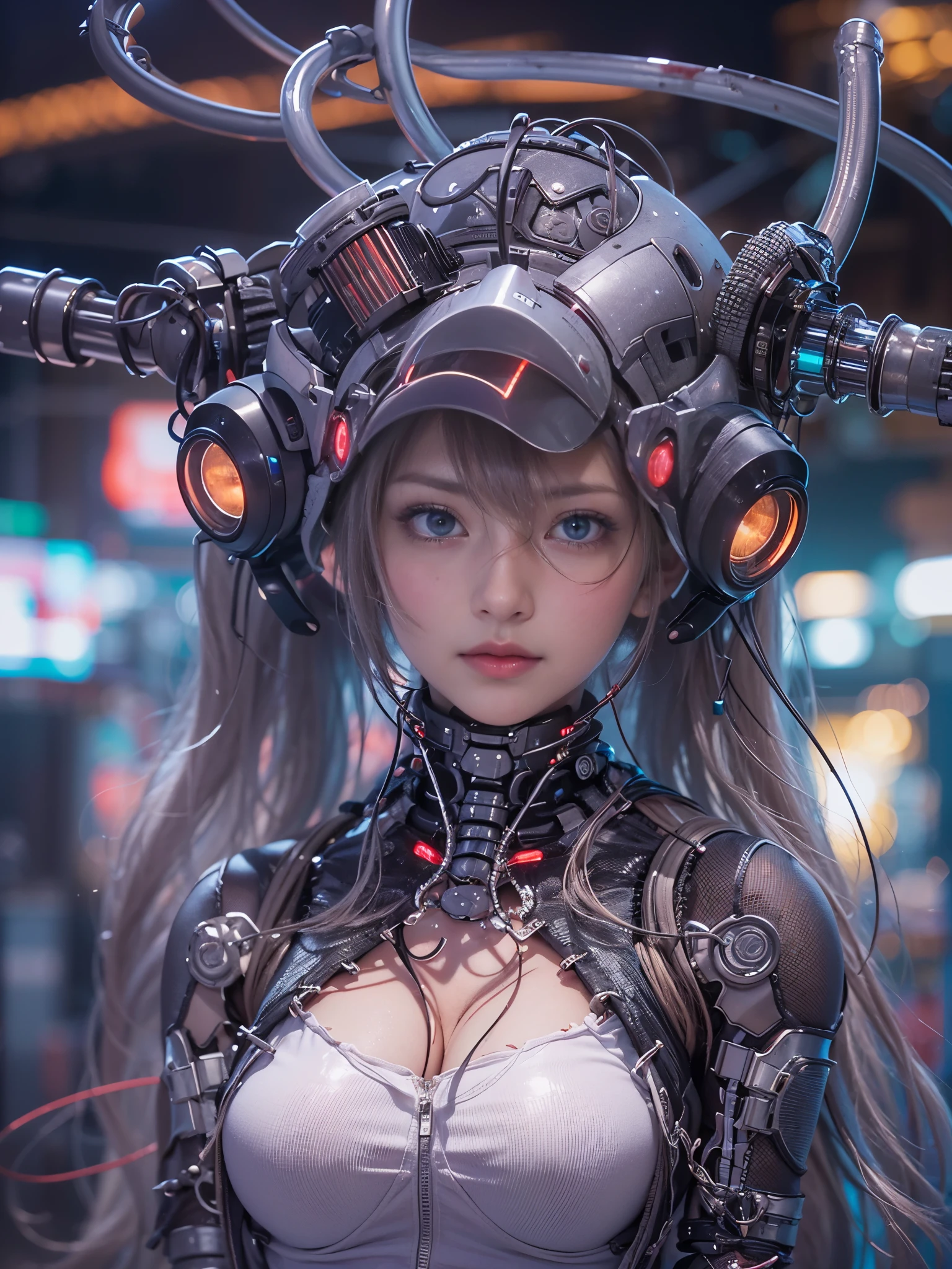 biggers tetas sexys ,Camel toe quality, tmasterpiece, 超高分辨率, ((フォトリアリスティック: 1.4), RAW photogr, 1 girl, brunette color hair, Glossy glossy skin, 1 mechanical girl, (Ultra-realistic details)), globalillumination, shadowing, rendering by octane, 8K, Super sharp, bigger, violent, metals, Intricate decorative details, egypician detail, very complex details, realistic light, CG trends, a purple eye, eyes with brightness, in front of camera, neon light detail, Mechanical limb, blood vessels attached to the tube, Mechanical vertebrae attach to the back, Cervical spine mechanical fixation in the neck, wires and cables connecting to head, Shin Evangelion, Small bright LED light, (Dazzling cyberpunk cityscape in the background,) big tits big tits