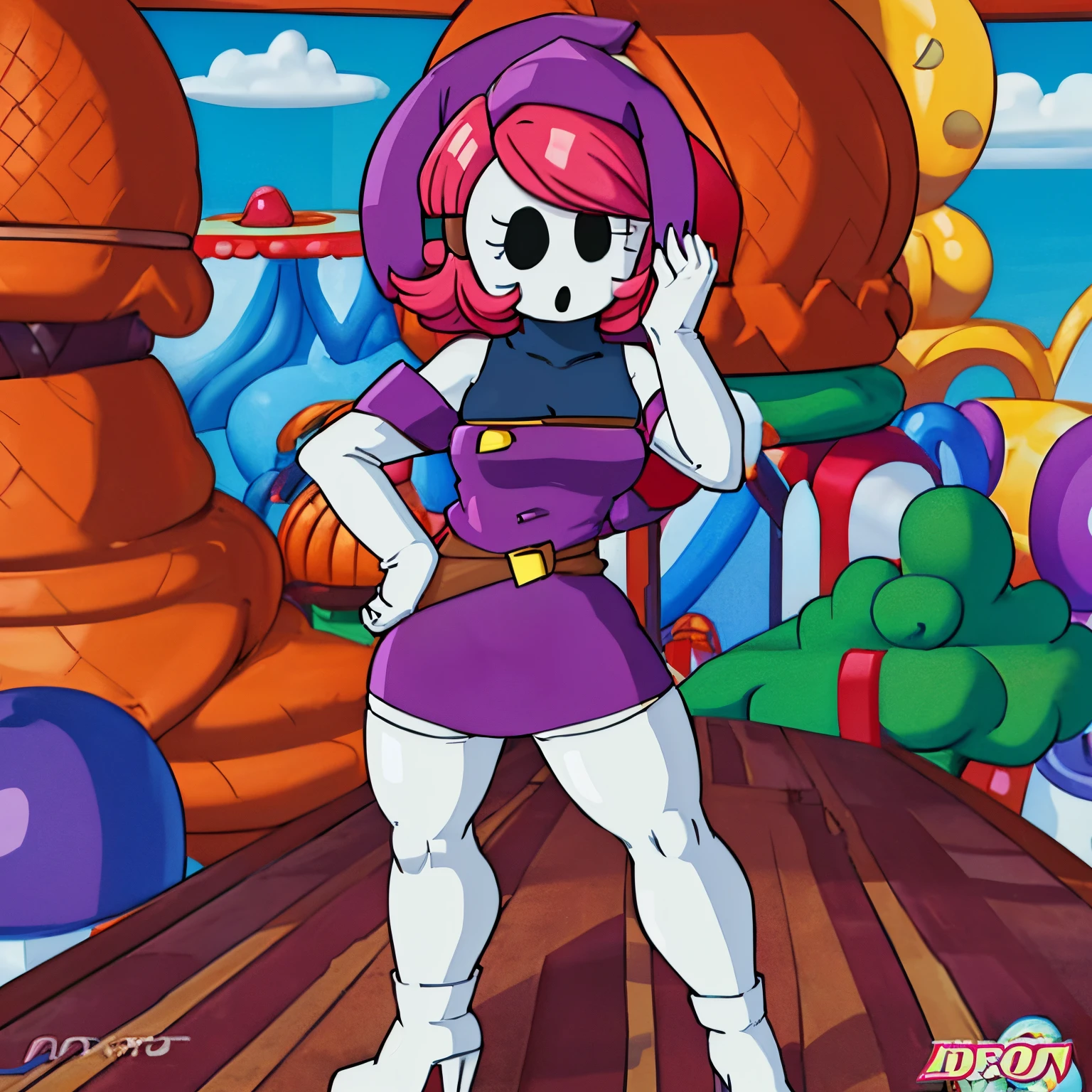 [shy gal], ((beautiful 2D art)), ((solo portrait)), ((full body)), ((front view)), ((High quality)), ((anime)), ((detailed shading)), ((intricate details)), {(shy guy), (woman body), (shy guy mask), pinkish red hair, supreme kai of time styled hair, beautiful legs, short in height, (curvaceous hips)}, {(solid magenta cloth dress), (short magenta pencil skirt), magenta hood, brown belts, (white over-knee socks), (white heel boots), (white shoes)}, {(standing)} [Background; (field), (sunny), (trees), (sun rays through trees)]