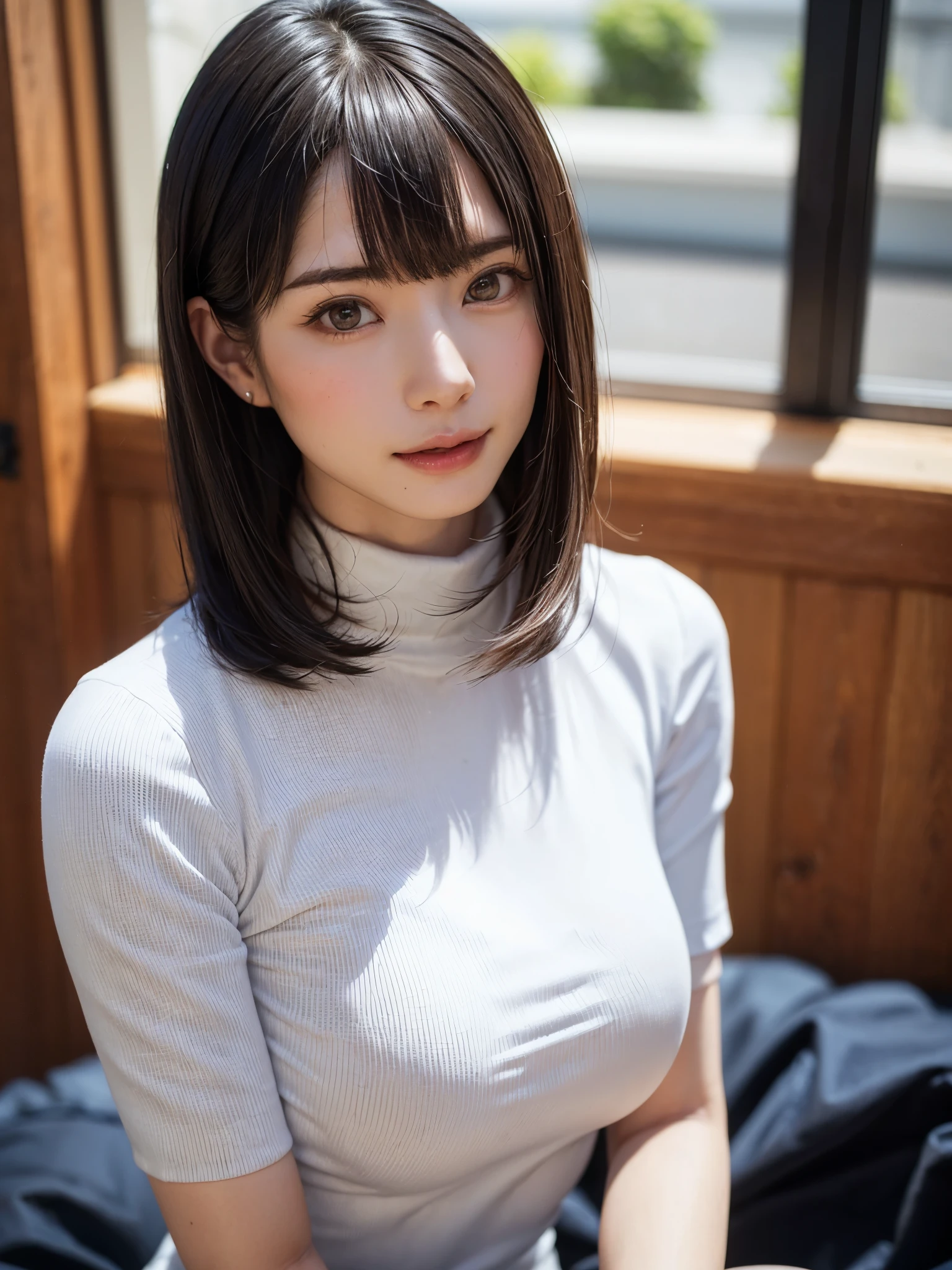 (masutepiece, top-quality、high-detail:1.4、Very attractive beauty、Add intense highlights to the eyes、Look firmly at the camera:1.4、A beautiful woman full of charm、Ideal ratio body proportions、Perfect Anatomy、Brunette Short Bob Hair、Lustrous hair、bangss:1.4、光沢のあるbangss:1.4、lipgloss),1girl in, report, Light brown shiny hair, muffler,realisitic, looking at the viewers、Tilt your head slightly, Bright colored crystal light blue eyes, short shiny hair、 White turtleneck outfit with a hole in the center of the chest,Sexy white turtleneck knit sweater with a round hole in the middle of the chest、 s lips, lipgloss, The upper part of the body、big eye、Lashes、A little red in the face、Embarrassing)、((italian road in winter))、((short hair with big eyes、Put very strong highlights in your students、{Gigantic|Big|Huge|Mega} breasts:1.6、very Bigger breasts、gazing at viewer、Very beautiful beauty、Put your ears out、long neck、smil、smil、Happy、Beautiful teeth、口を開いてsmil、Heart-shaped pupil))、28 year old、Very cute supermodel、