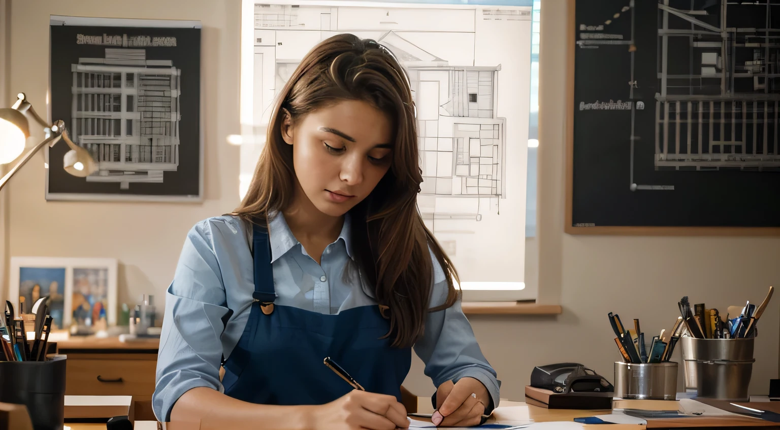 A girl working as an architect, sketching and designing in her studio, surrounded by blueprints and building materials. Architectural illustrations and 3D renderings are visible on her desk. She is wearing professional attire and is deep in concentration, with focused eyes and a determined expression. The lighting in the studio is soft and natural, highlighting the details of her work. The overall image quality is of the highest standard, with ultra-detailed and realistic depiction. The colors are vivid, with a slight emphasis on warm tones. The prompt represents a masterpiece, capturing the intricate process of architectural design.