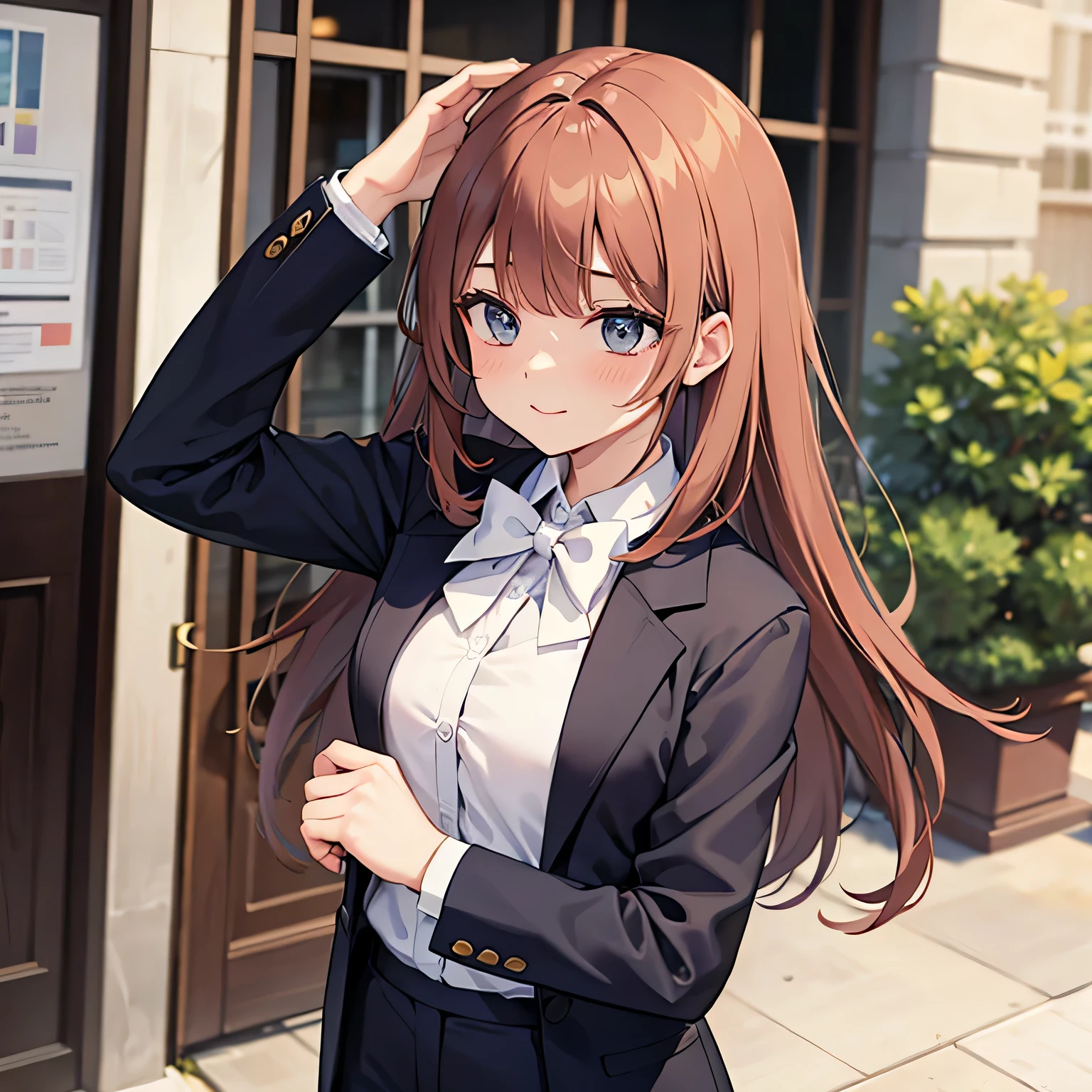 A woman in a suit bowing her head in gratitude.