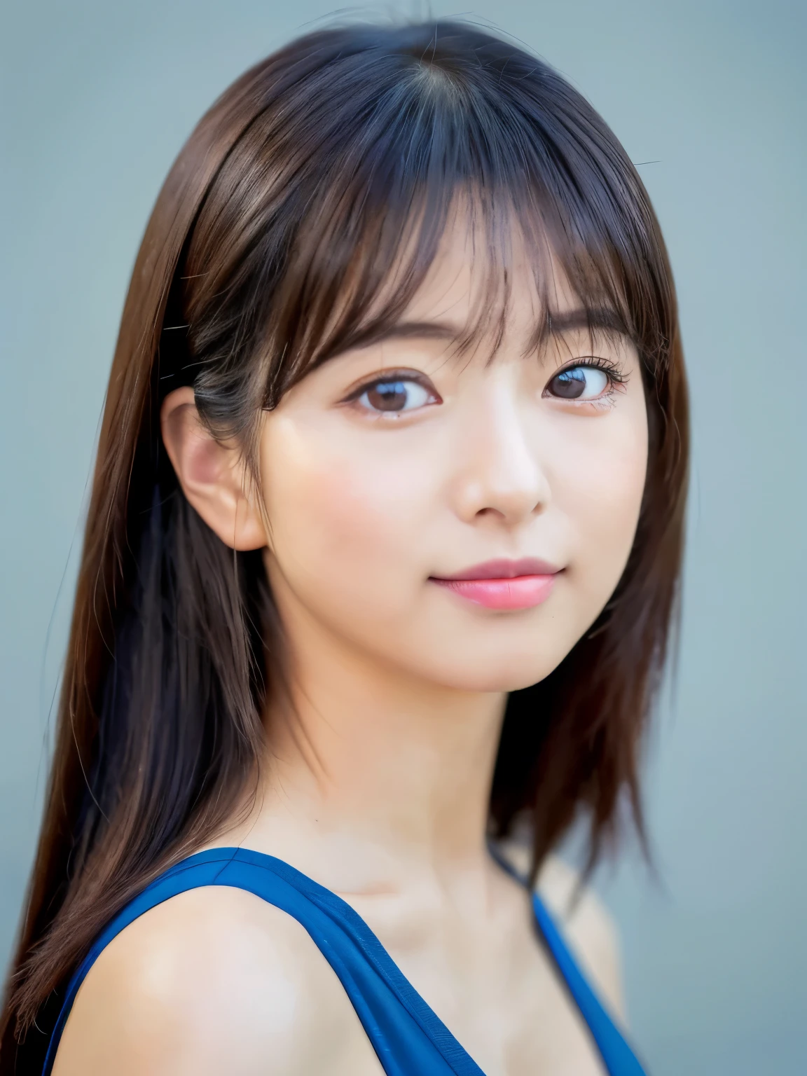 ((cute little日本の女の子、Beautiful japanese girl、1 girl in、unclear、age19、poneyTail、Highly detailed facial and skin texture、refinement、hyperdetailed face、ultradetailed eyes、blusher、blush、teak、ピンクのteakを塗った頬、Blue eyeshadow、close-up of woman、bustup、frontageを向いている顔、frontageを向いている体、Looking at the camera、frontage、cute little、smooth white skin、Transparent skin texture、))、(dark brown  hair、bangss)、Beautiful Women in Perfect Style：1.4、Japan models、Young gravure idols、若いcute littleグラビアアイドル、Realistic Young Gravure Idol、sophisticated gravure idol、((top-quality、in 8K、​masterpiece:1.3、１Photo))、(4K、RAW Photography、top-quality)、(reallistic、フォトreallistic:1.37)、Place a person across the screen、natural soft light、upper body and head、