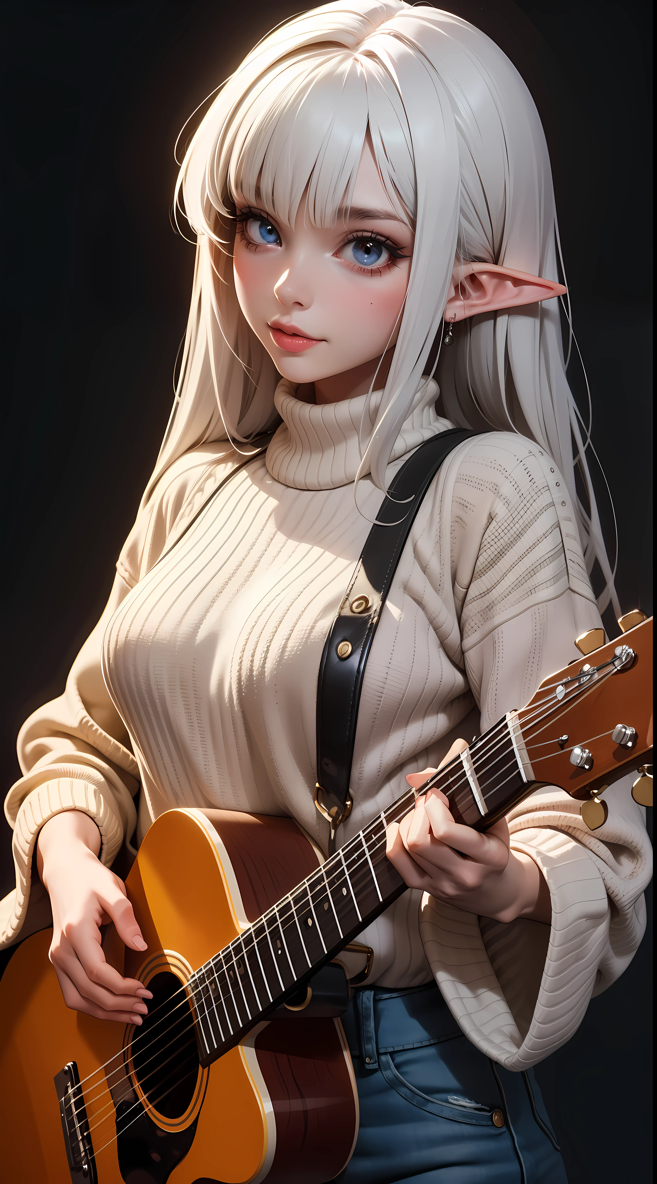 ((masterpiece, best quality)), official art, unity 8k wallpaper, ultra detailed, an elf woman, with a ((guitar)) in her hands and a joy in her eyes, BREAK, highly detailed of (elf), (1girl), solo, big breast, perfect face, details eye, Blunt bangs, (hair between eye), white hair, blue eyes, eyelashes, eyeshadow, pink eyeshadow, in the style art by Artgerm, by Kawacy, by Yoshitaka Amano, BREAK, flat jumper, knitwear, knitwear design, knitted sweater, cables, cables composition, fishermans rib, woolen material, bright orange
