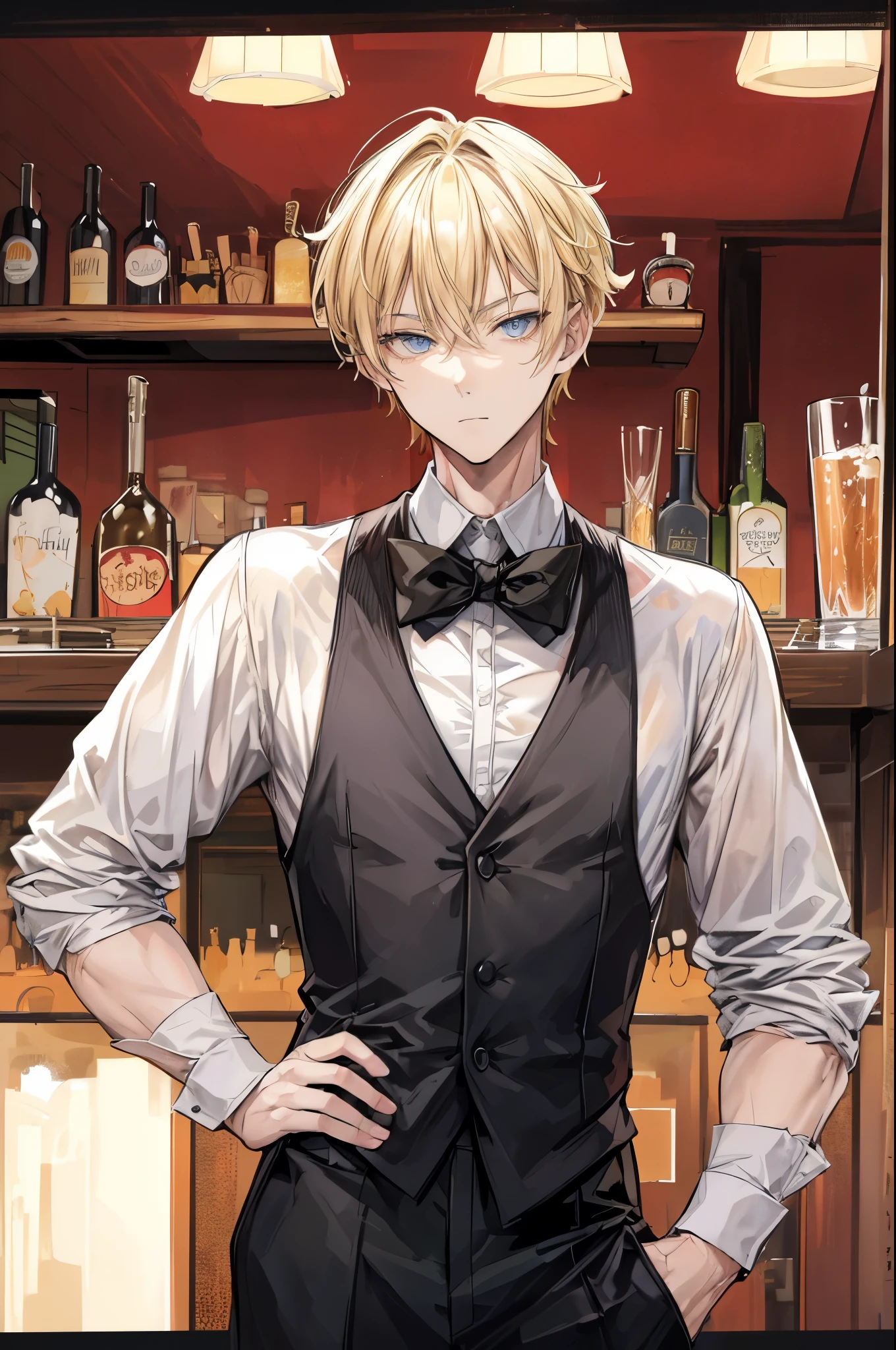 (flat color:1.1),(masterpiece:1.2), best quality, masterpiece, original,short neat blonde and boyish hair, (mature, handsome man looking at the camera at a bar:1.2), wearing a formal casual outfit, bartender