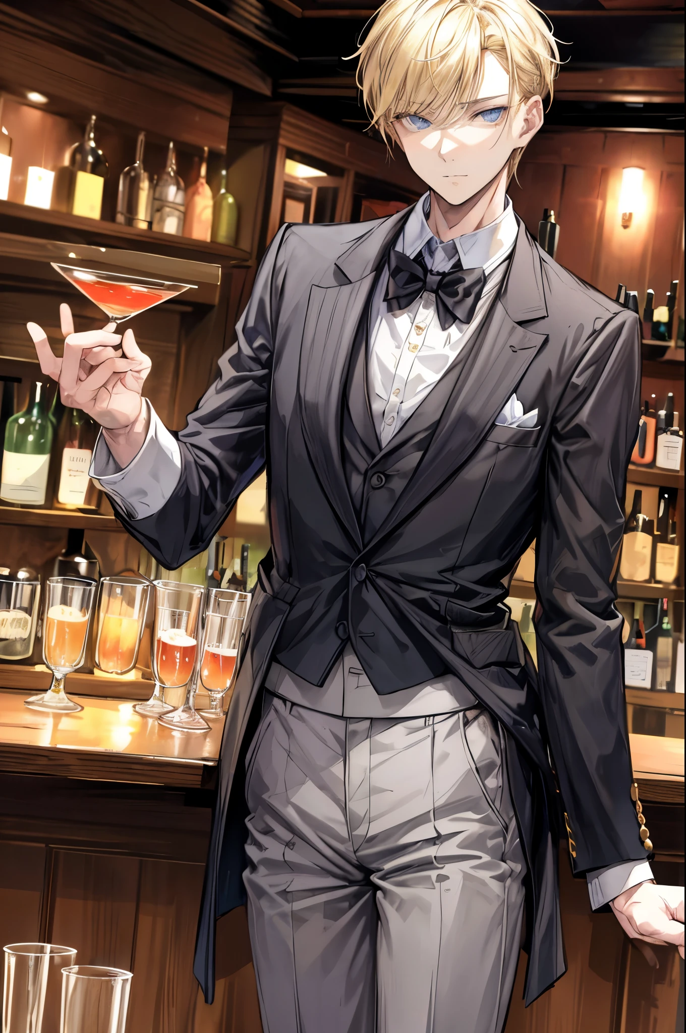 (flat color:1.1),(masterpiece:1.2), best quality, masterpiece, original,short neat blonde and boyish hair, (mature, handsome man looking at the camera at a bar:1.2), wearing a formal casual outfit, bartender