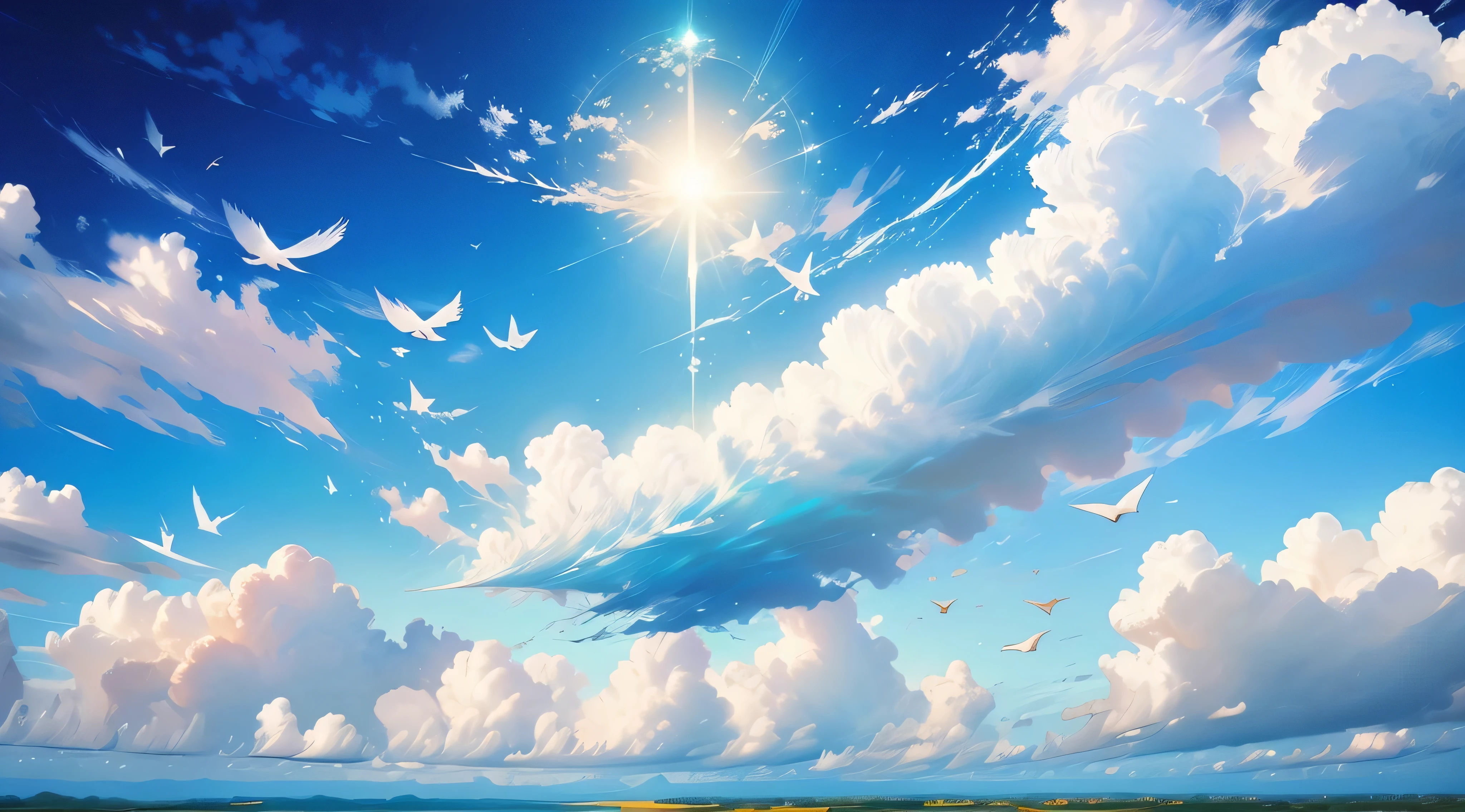 sky, blue sky, clear sky, fluffy clouds, sunny day, bright sunlight, gentle breeze, birds flying, rays of sunlight, serene atmosphere, peaceful scenery, expansive horizon, endless sky, tranquil beauty, soft white clouds, vibrant colors, calm and quiet, open space, heavenly view, refreshing air, infinite possibilities