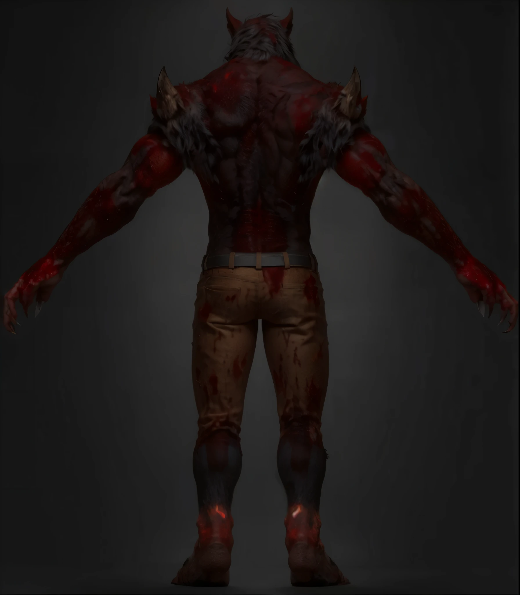 (masterpiece),(best quality:1.0),(ultra high resolution:1.0),monster, werewolf, zombie wolf, zombie , back, torn pants, red eyes, menacing look,claws, fangs, wolfteam, 8k wallpaper, full body