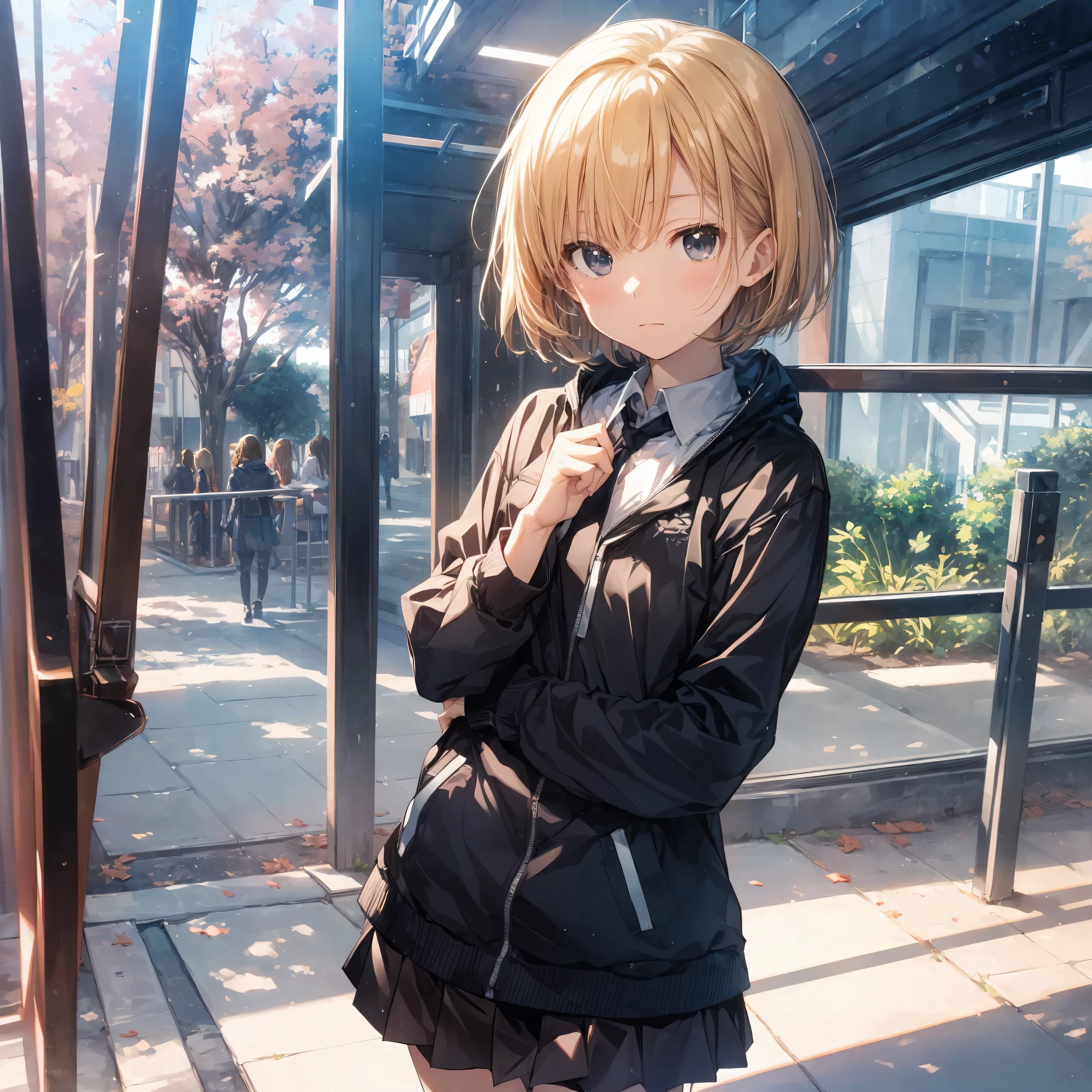 Super high quality by the art god, Ultra-detailed, High resolution, Shinkai Makoto style, anime moe art style, best anime 8K konachan wallpaper, Pixiv Contest Winner, Perfect Anatomy, BREAK,(Please draw a sleepy girl going to school alone.. ),BREAK, a hyperrealistic schoolgirl, (Solo,Lori,child,13years:1.3),Full limbs, complete fingers,a junior high school student, Androgynous attraction, (extra very short hair), hair messy, flat and soft chest, Small butt, groin, Small eyes,Beautiful detailed black eyes, Well-proportioned iris and pupils, disgusted eye, High resolution detailed hair, School uniform, Skirt,  On the way to school. BREAK,Ultra-detailed細なスキン, Best lighting by famous artists, 8K, Illustration,