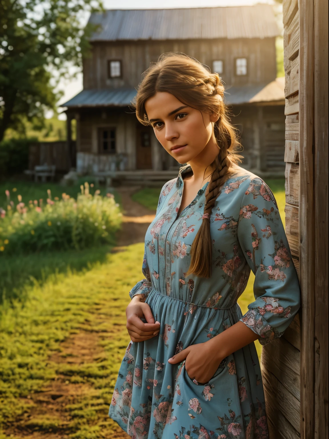 In a sunlit, rustic countryside setting, visualize a young woman, MANU QUEIIROZ, standing near a traditional wooden farmhouse. She wears a flowing, floral-print dress, her hair tied back in a loose braid. Her expression is a mix of determination and vulnerability as she gazes into the distance. The scene captures the emotional impact of her discovery, highlighting the picturesque yet shattered world around her. The hyper-realistic style emphasizes intricate details, from the weathered texture of the farmhouse to the play of light on her face and surroundings.