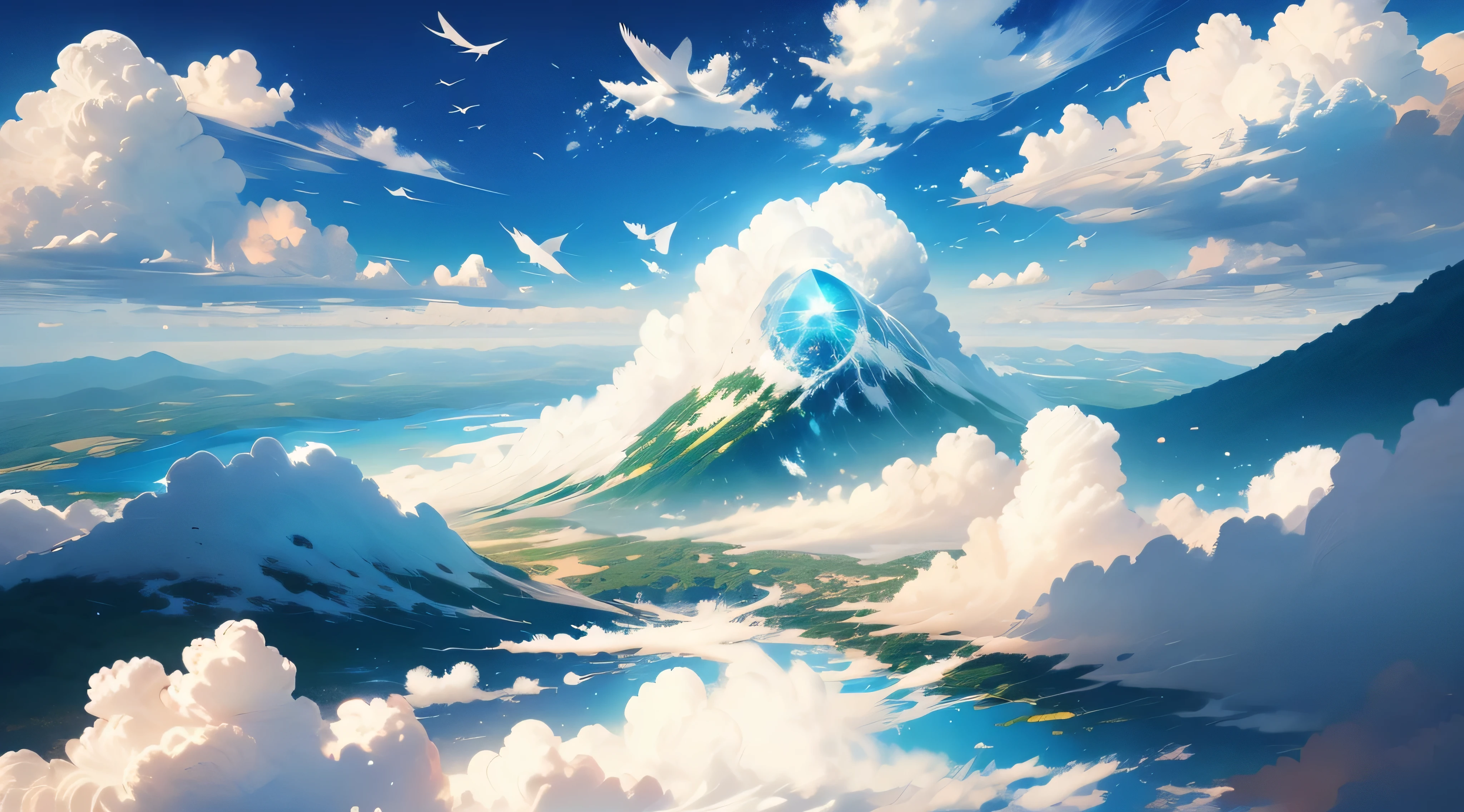 sky, blue sky, clear sky, fluffy clouds, sunny day, bright sunlight, gentle breeze, birds flying, rays of sunlight, serene atmosphere, peaceful scenery, expansive horizon, endless sky, tranquil beauty, soft white clouds, vibrant colors, calm and quiet, open space, heavenly view, refreshing air, infinite possibilities