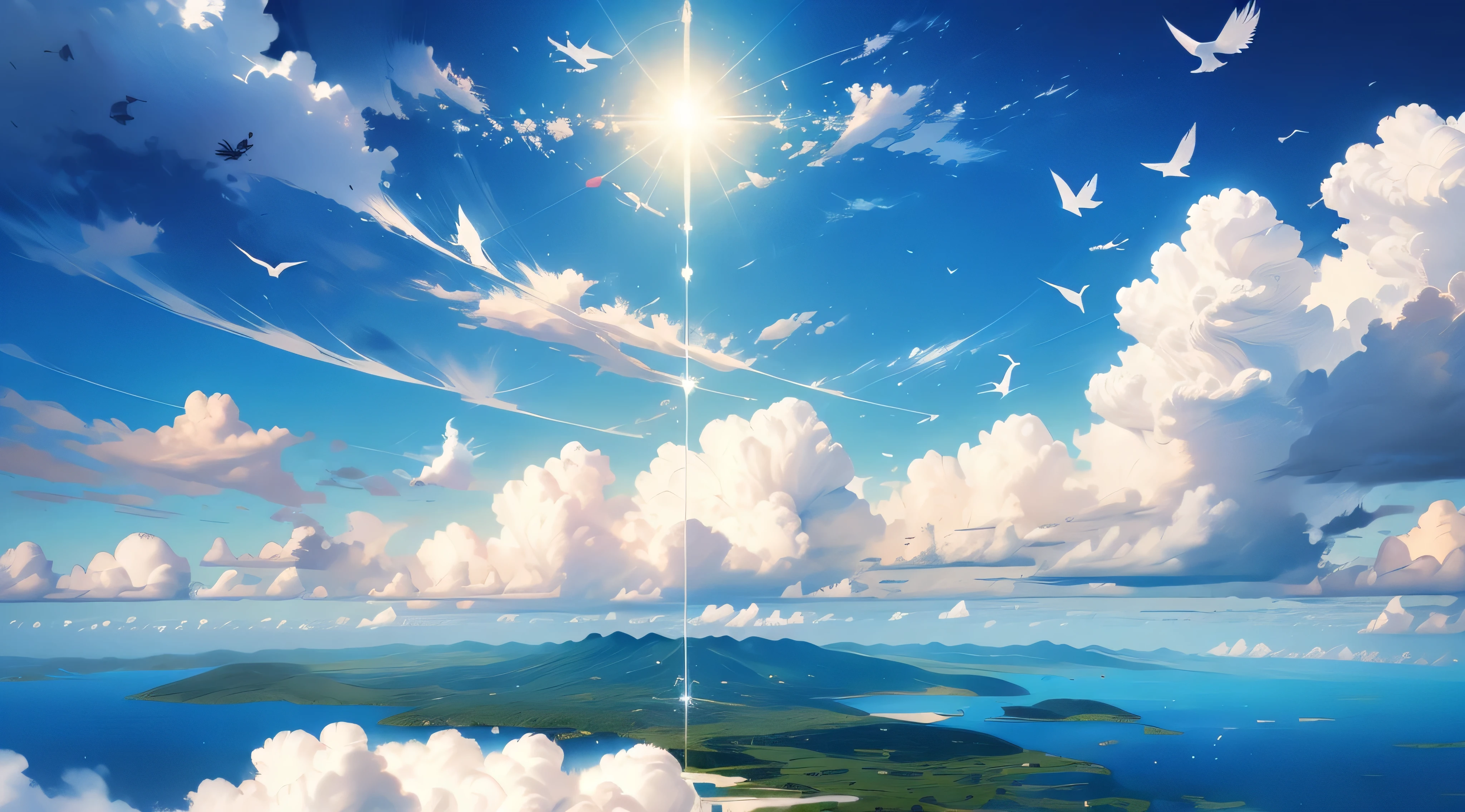 sky, blue sky, clear sky, fluffy clouds, sunny day, bright sunlight, gentle breeze, birds flying, rays of sunlight, serene atmosphere, peaceful scenery, expansive horizon, endless sky, tranquil beauty, soft white clouds, vibrant colors, calm and quiet, open space, heavenly view, refreshing air, infinite possibilities