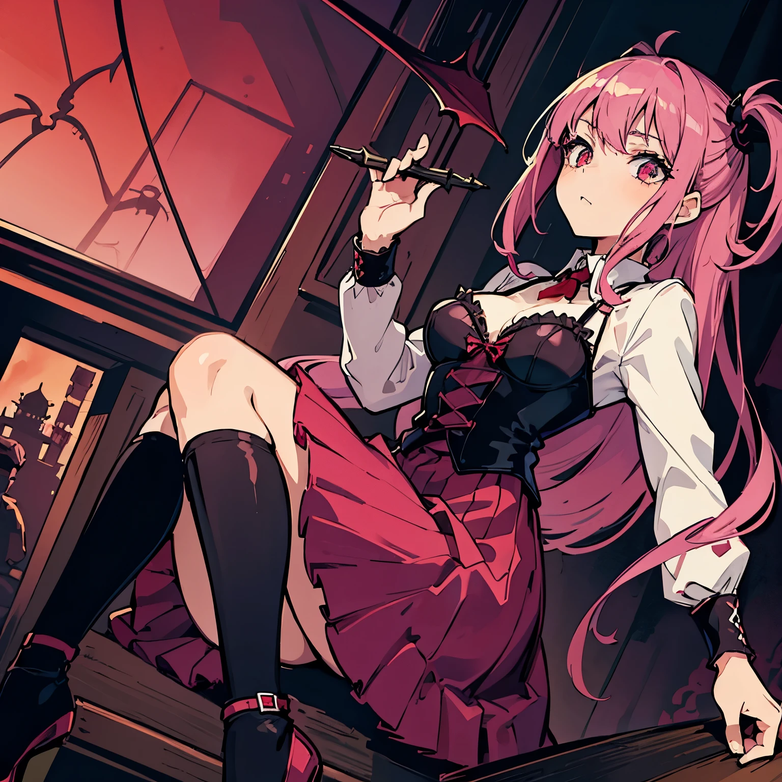 A girl，A pink-haired，red color eyes，Vampires，devil hornlood，Gothic skirt，contemptuous