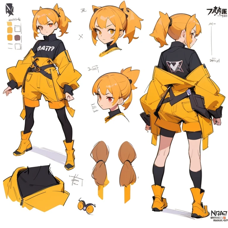((masterpiece)), (((best quality))), (character design sheet, same character full body, front, side, back), Illustration, 1 girl, hair color, magenta , side pony tail, long hair, star yellow eyes, environment change, pose kota, playful, female, mini t-shirt, short pant, yellow orange color raincoat , charturnbetalora, concept art, character concept art, character sketch, reference sheet, character sheet, ( background, white background: 1.3)