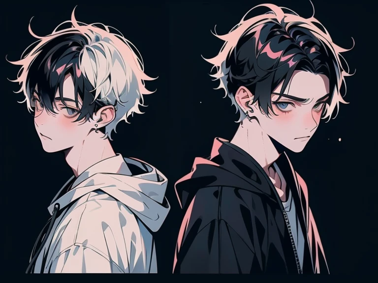 Character Sheet, a handsomeなmale people. Perfect face, grey eyes.male people、 CharacterDesignSheet,full body Esbian, full of details, Front view of the body, Body Back View, full body Esbianボディー, (Front and back view),Hydrovision., ((masutepiece, Highest Quality)), Detailed face, CharacterDesignSheet,(three views from front, Back and sides)、(absurderes、hight resolution、ultra-detailliert、nffsw)、masterpiece、top-quality、1boy、独奏、a handsome、Dark hair、finely eye and detailed face、brow、Big Food、(white short pants)、espadrilles、ear piecing、Looking up from above,Wearing a hood、