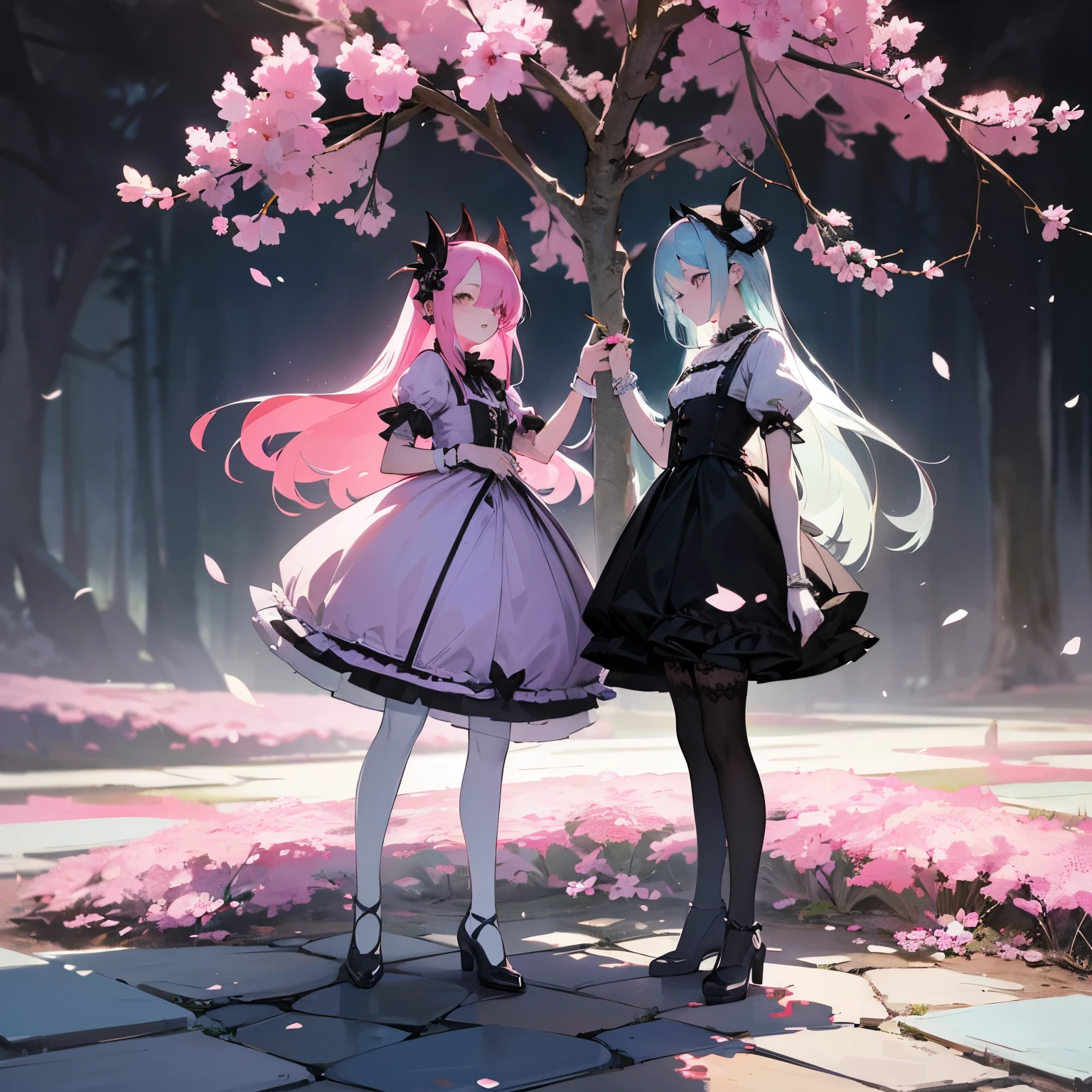 main body: A cute pair of twin girls, both with a kawaii anime style. One twin has a lime green main color, while the other has a light blue main color. Both of them have a cold stare. They are the main characters, with an evil and demonic aura and energy surrounding them.

Material: Vivid anime illustrations, with a touch of darkness and mystery.

Additional details: The twin girls have matching hairstyles, long and flowing with cute hair accessories. They are dressed in gothic Lolita-style outfits, with lace and ruffles. They have pale skin with a porcelain-like appearance. There are cherry blossom trees in the background, adding a touch of beauty to the dark atmosphere. The twins are standing on a stone pathway in the garden, surrounded by eerie shadows.

image quality: (best quality, highres, masterpiece:1.2), ultra-detailed, (realistic:1.37). The image should have sharp focus and vibrant colors, with fine details.

art-style: Anime, gothic, dark fantasy.

Color tones: The overall color palette should have a mix of cool tones, with lime green and light blue as the main colors. The background can have hints of pink from the cherry blossoms.

lamplight: The lighting should be low-key, with dramatic shadows casting across the scene. The twins should have a subtle glow, emphasizing their evil and demonic nature.