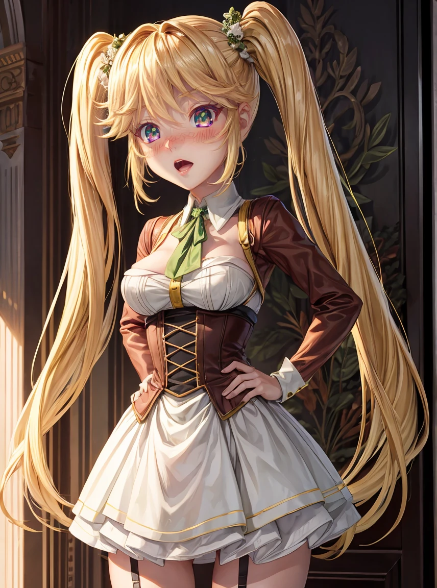 8K, Ultra High Definition, Super detailed, Shiny detailed hair, detailed face, fantasy landscape, solo, looking at viewer, {{best quality}}, {{masterpiece}}, {{ultra-detailed}}, {detailed light}, ultra high quality eyes, detailed eyes, perfect eyes, large eyes, detailed green eyes, blonde hair, long hair, twintail, beautiful, skinny body, white skin, slutty, erotic, standing in suggestive, blushing, open mouth, ahegao, nsfw