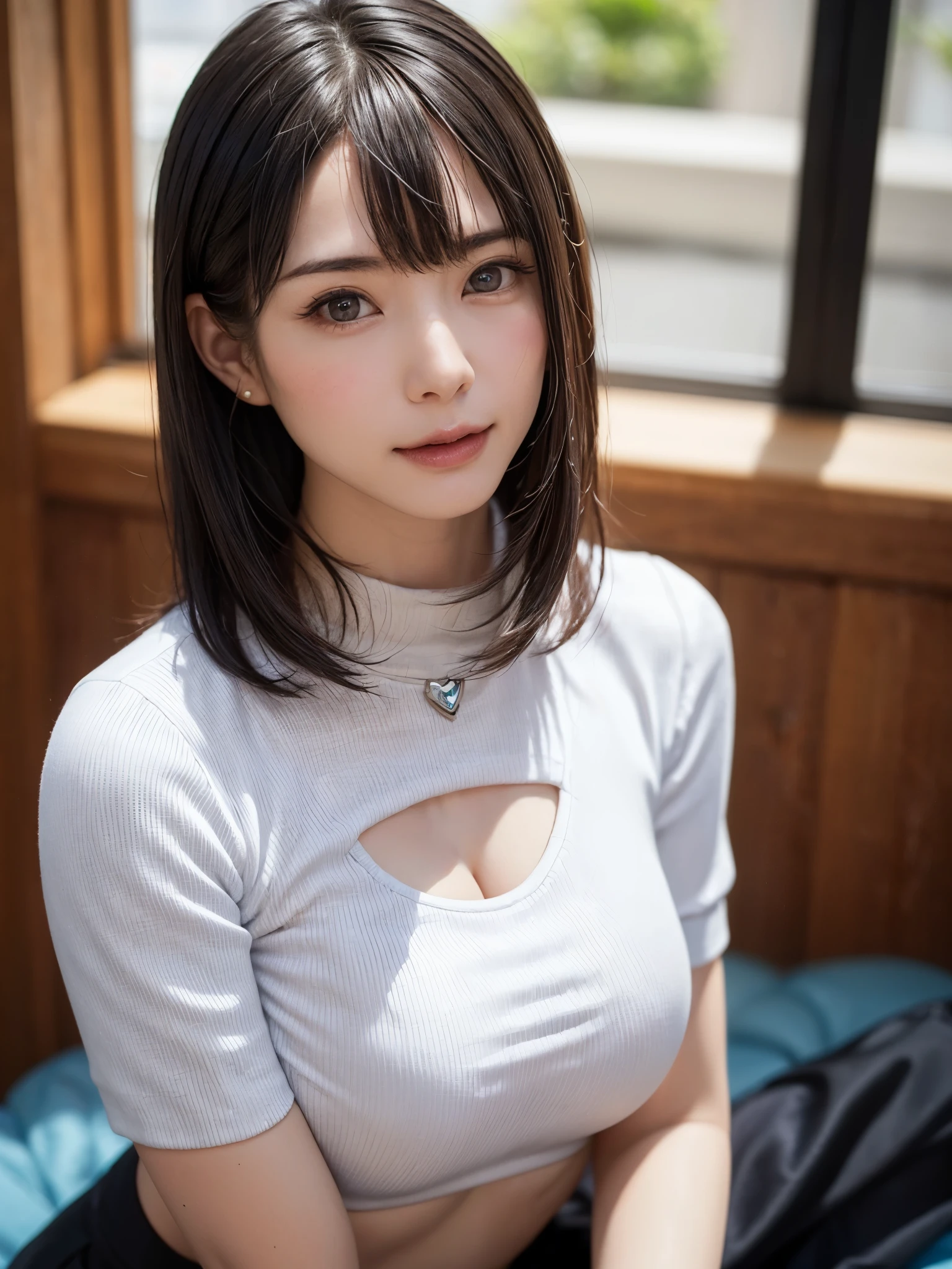 (masutepiece, top-quality、high-detail:1.4、Very attractive beauty、Add intense highlights to the eyes、Look firmly at the camera:1.4、A beautiful woman full of charm、Ideal ratio body proportions、Perfect Anatomy、Brunette Short Bob Hair、Lustrous hair、bangss:1.4、光沢のあるbangss:1.4、lipgloss),1girl in, report, Light brown shiny hair, muffler,realisitic, looking at the viewers、Tilt your head slightly, Bright colored crystal light blue eyes, short shiny hair、 White turtleneck outfit with a hole in the center of the chest,Sexy white turtleneck knit sweater with a round hole in the middle of the chest、 s lips, lipgloss, The upper part of the body、big eye、Lashes、A little red in the face、Embarrassing)、((italian road in winter))、((short hair with big eyes、Put very strong highlights in your students、{Gigantic|Big|Huge|Mega} breasts:1.6、very Bigger breasts、gazing at viewer、Very beautiful beauty、Put your ears out、long neck、smil、smil、Happy、Beautiful teeth、口を開いてsmil、Heart-shaped pupil))、28 year old、Very cute supermodel、
