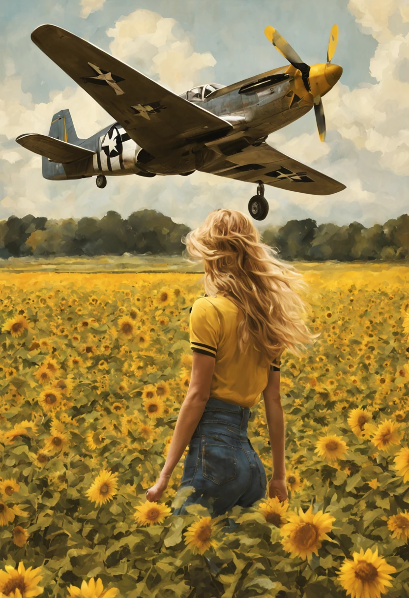 A masterpiece image of a girl walking in an open field, one airplane (((P51 Mustang))) passing over her head, 1944, sunflower field, view from below and from her back