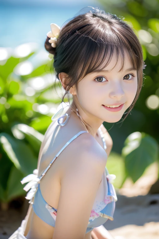 (((​masterpiece))), (((Full body photo，Standing)))， (One beautiful Japan girl, landscape and innocence，kawaii) ，超A high resolution, Realistic, ultra-detailliert, 8K,top-quality, Extremely detailed, Detailed background,A slender,very beautiful japanese girl, Detailed face:1.3), (hair tied up in a bun，，Cute Hair Ornament，A dark-haired :1.4), (a ，kawaii系,adorable 14 year oPerfect body:1.1),，beautiful young woman with，perfect body and beautiful big eyes, perfectly slim body, shairband, micro bikini with white frills, Playing on the beach, tropical island, Happy, gently smiling, Open, face perfect, Muted Tones, Atmospheric, Clean lines, Convoluted, ultra-detailliert, Realistis, 8K