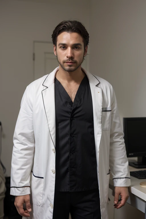 Doctor guapo, con barba, with white coat and black surgical pajamas, cabello corto
