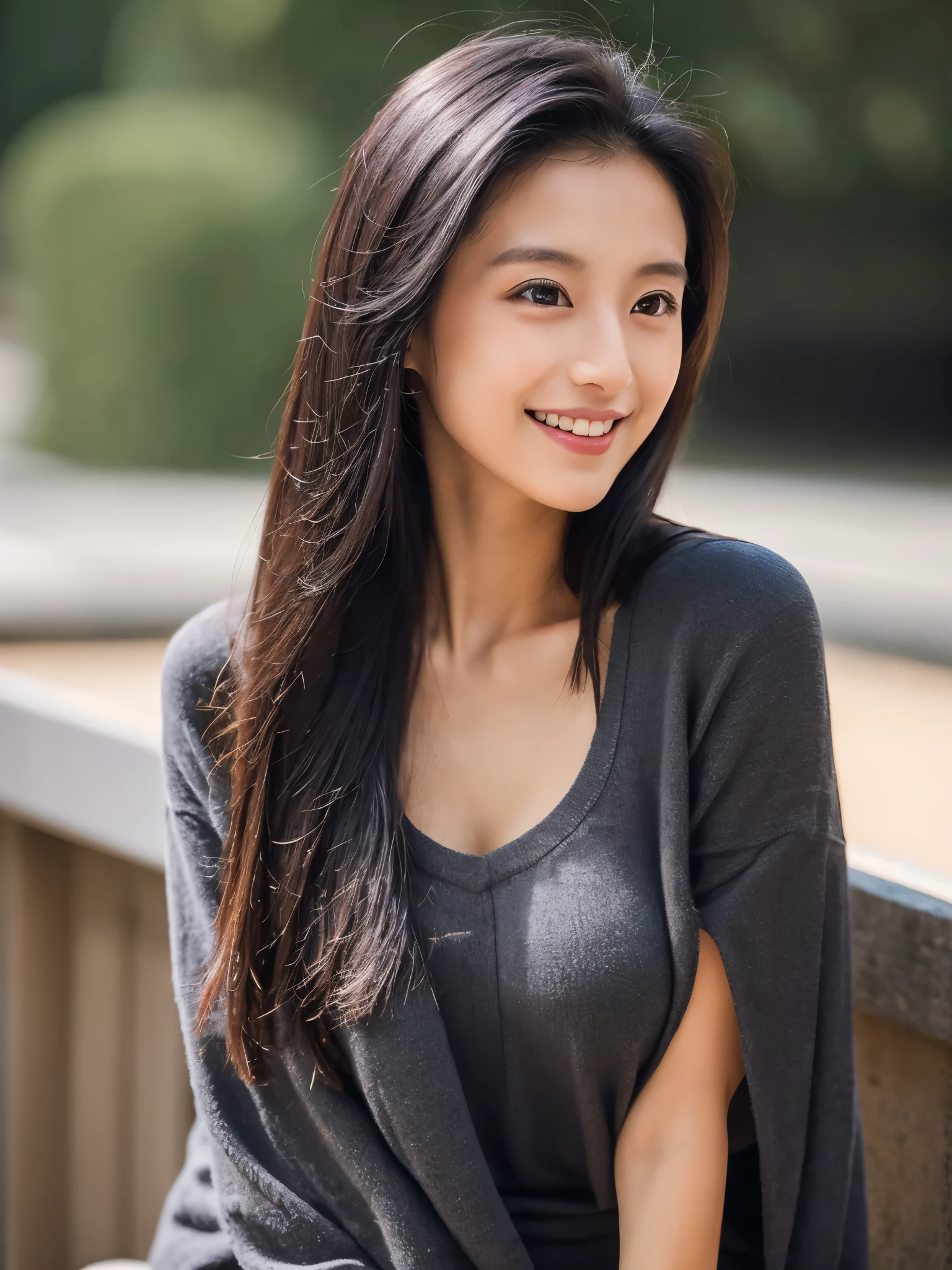 8K、hightquality、Realistic photo、20 years old、A Japanese skinny Lady、Reproduce natural and realistic eyes、small tits、thin waist, Beautiful black hair、(straight haired)、light make-up、beautiful lighting、A smile、Everyday clothes、dressed casually、high-level image quality、Realistic photo images