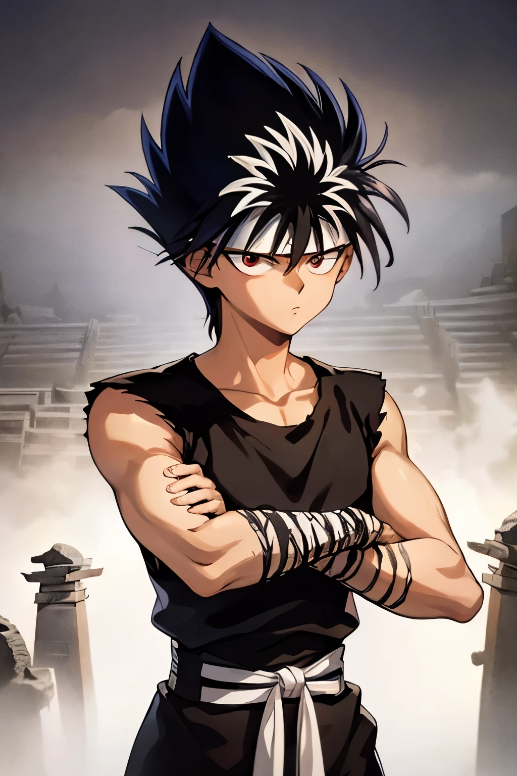 masterpiece, best quality, 1boy, hiei, black hair, white hair, spiked hair, red eyes, headband, bandages, upper body, sleeveless, torn clothes, solo, katana sword , ((ancient temple background)),