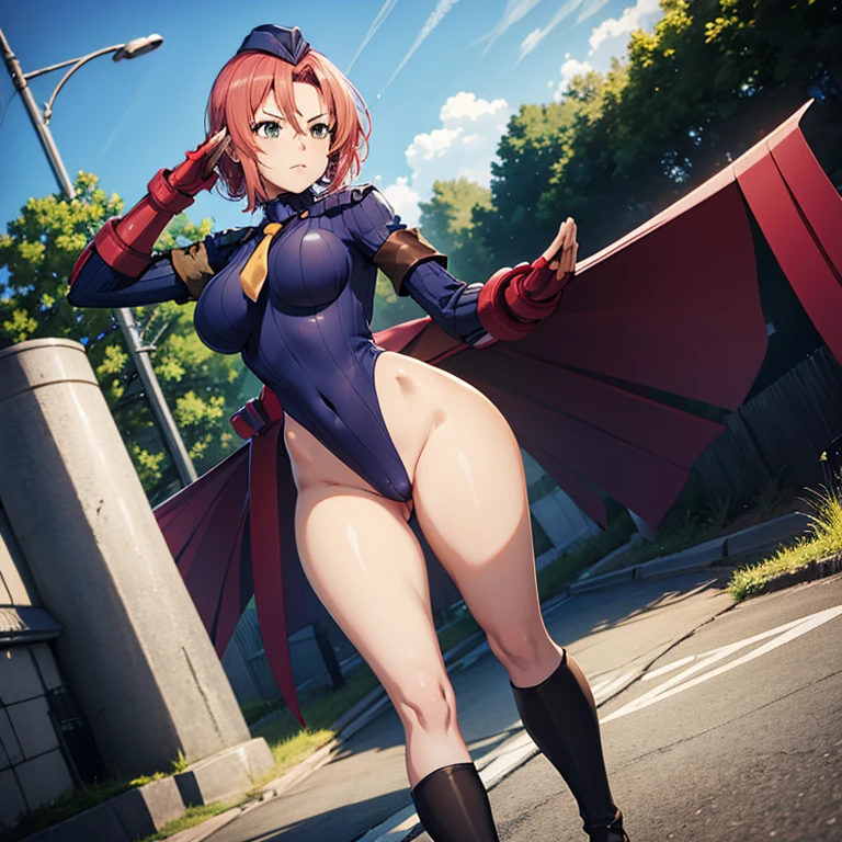 ultra-detailed, Explicit, Beautiful body, Beautiful Nose, Beautiful character design, perfect eyes, perfect face, ultra highres, 4K, beautiful legs, perfect legs, Nice hands, Perfect hand, Masterpiece, Best Quality, Highly detailed, illustration, absurdres, street fighter, doll suit, shadaloo doll, dollsuit, expressionless, blank eyes, looking at viewer, red gloves, emotionless, black latex, corrution, mind control, female combatant, full body, hypnotized, unhappy trance, full body suit, ribbed bodysuit, both arms at side, obey, perfect female body, extremely glossy latex, hypnosis, hypnoLora, empty eyes, Mind control device, poses, submissive_pose, Slave, hat, necktie, stand up straight, standing, standing at attention, hat, necktie, belt, latex, ribbed bodysuit, thighhighs, garter belt, Fighting Stance, extending the right arm from the shoulder into the air with a straightened hand, nazi saluting, military, military saluting, salute, thigh boots, 1girl, Madan no Ou to Vanadis, pink hair, long hair, blue eyes, Elizaveta Fomina, orange eyes, , hair ornaments